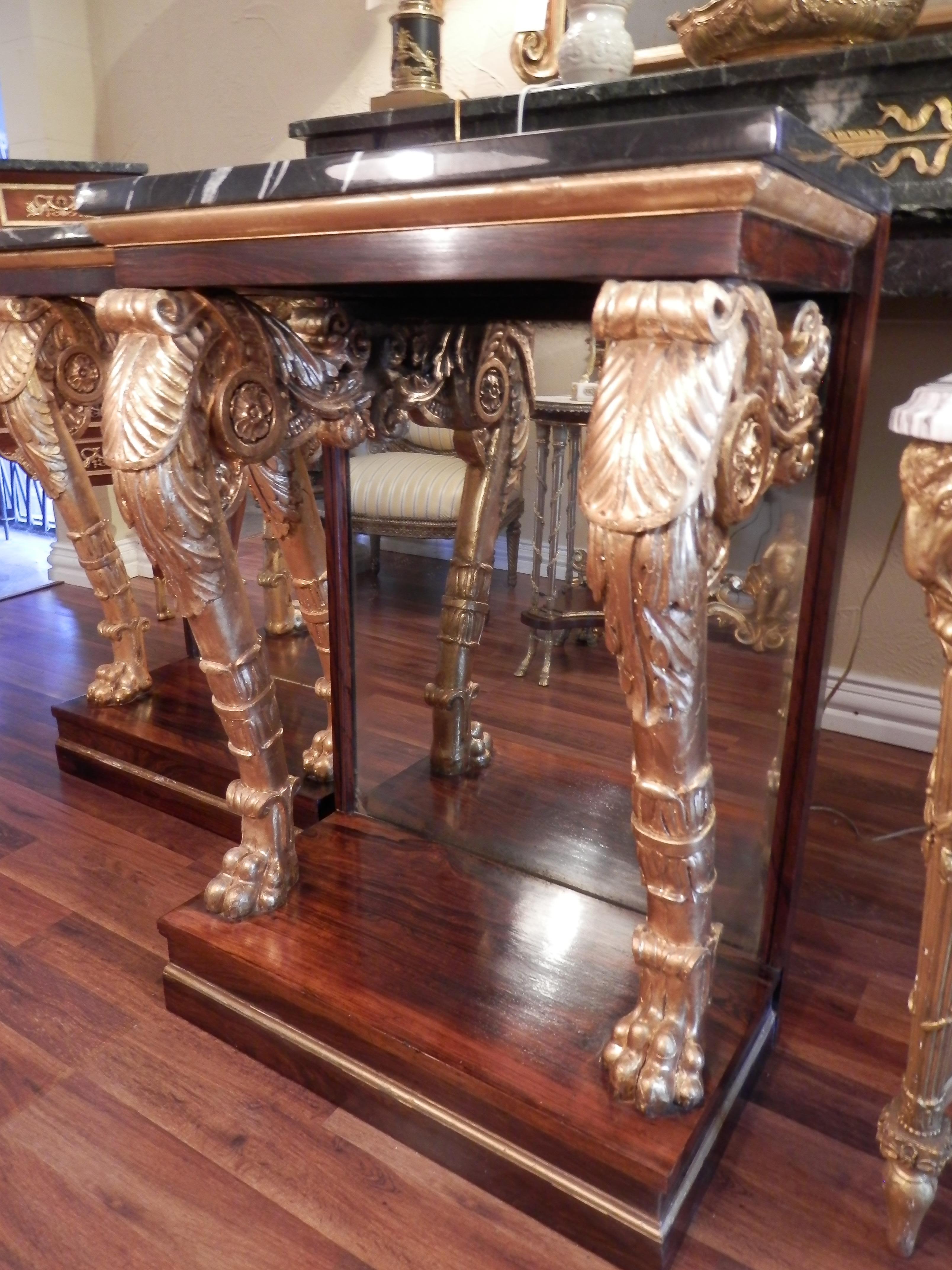 19th Century A fine pair of Regency rosewood and parcel gilt marble top consoles  For Sale