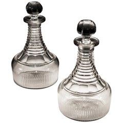 Fine Pair of Regency Step and Flute Cut Semi Ships Decanters