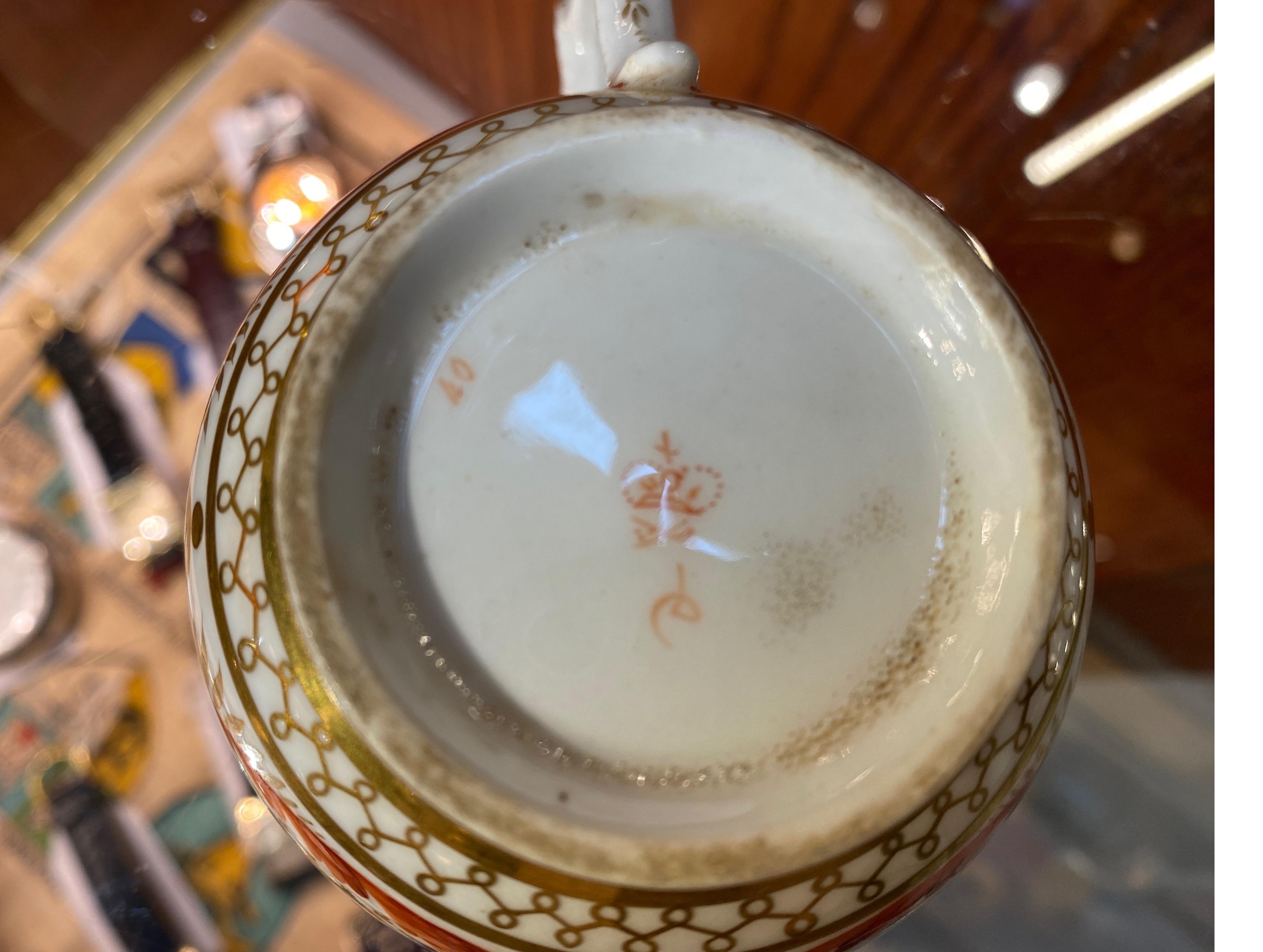 Porcelain Fine Pair of Royal Crown Derby Tea Cups and Saucers Circa 1810