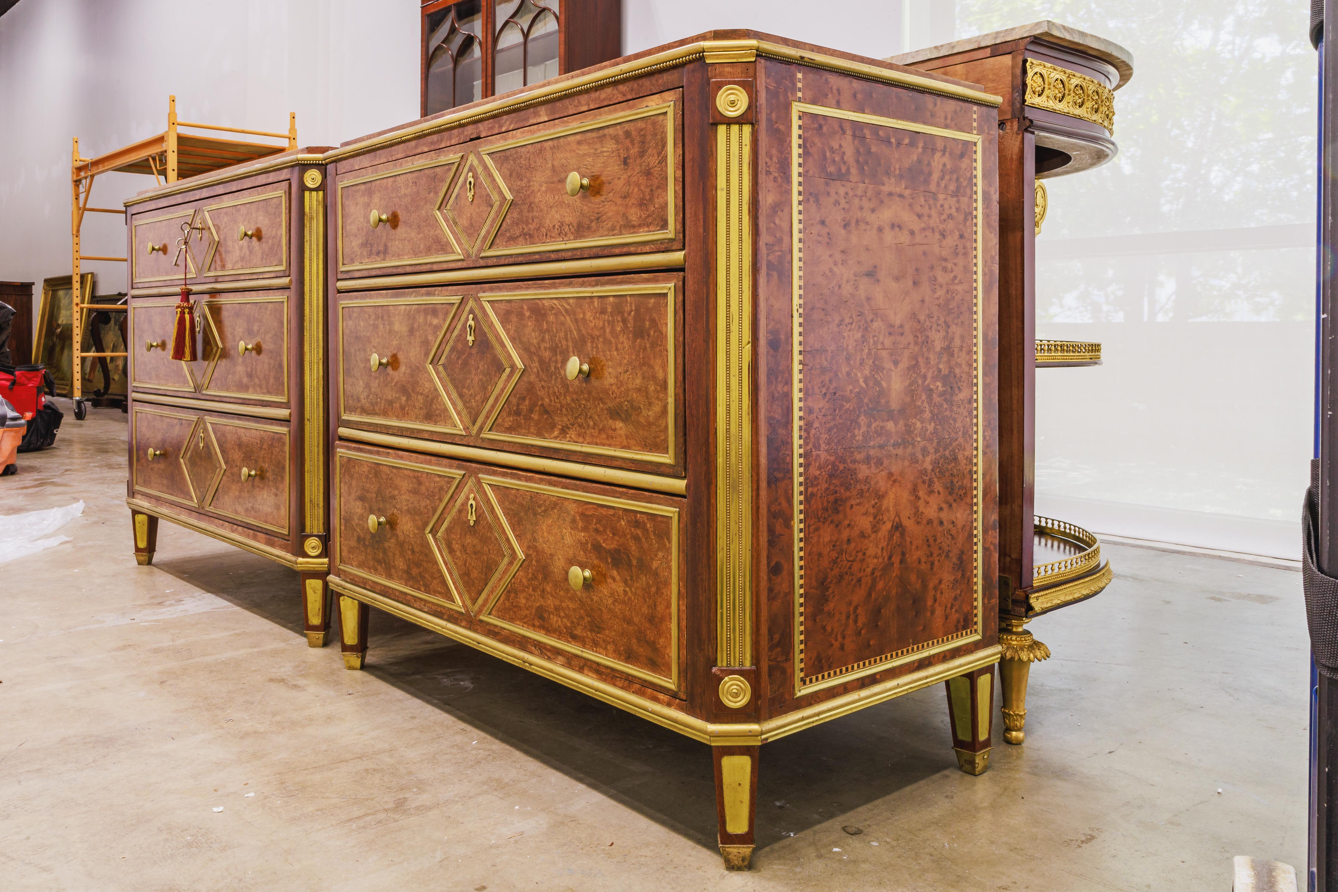 Baltic A fine pair of Russian light mahogany and brass inlayed commodes For Sale