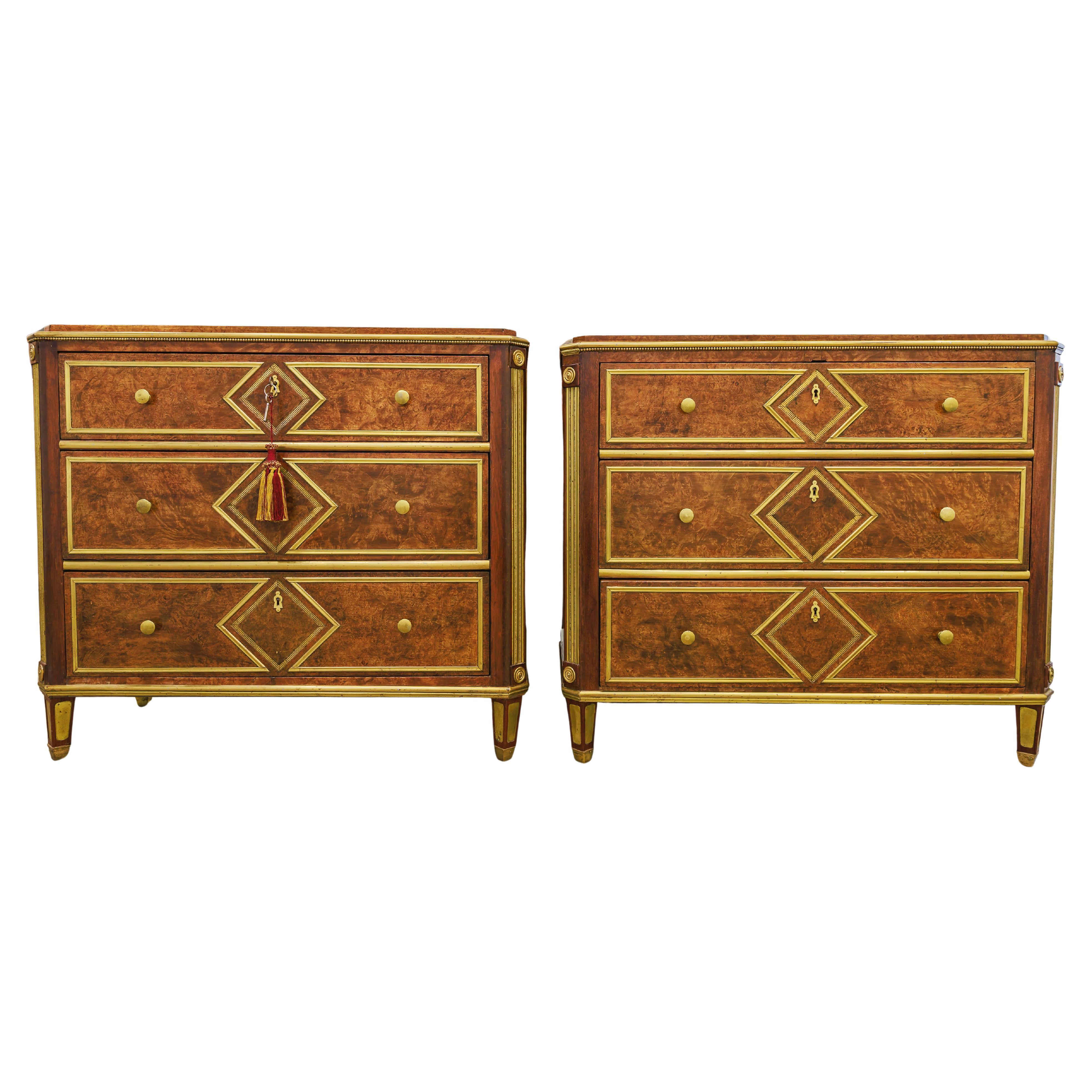 A fine pair of Russian light mahogany and brass inlayed commodes For Sale