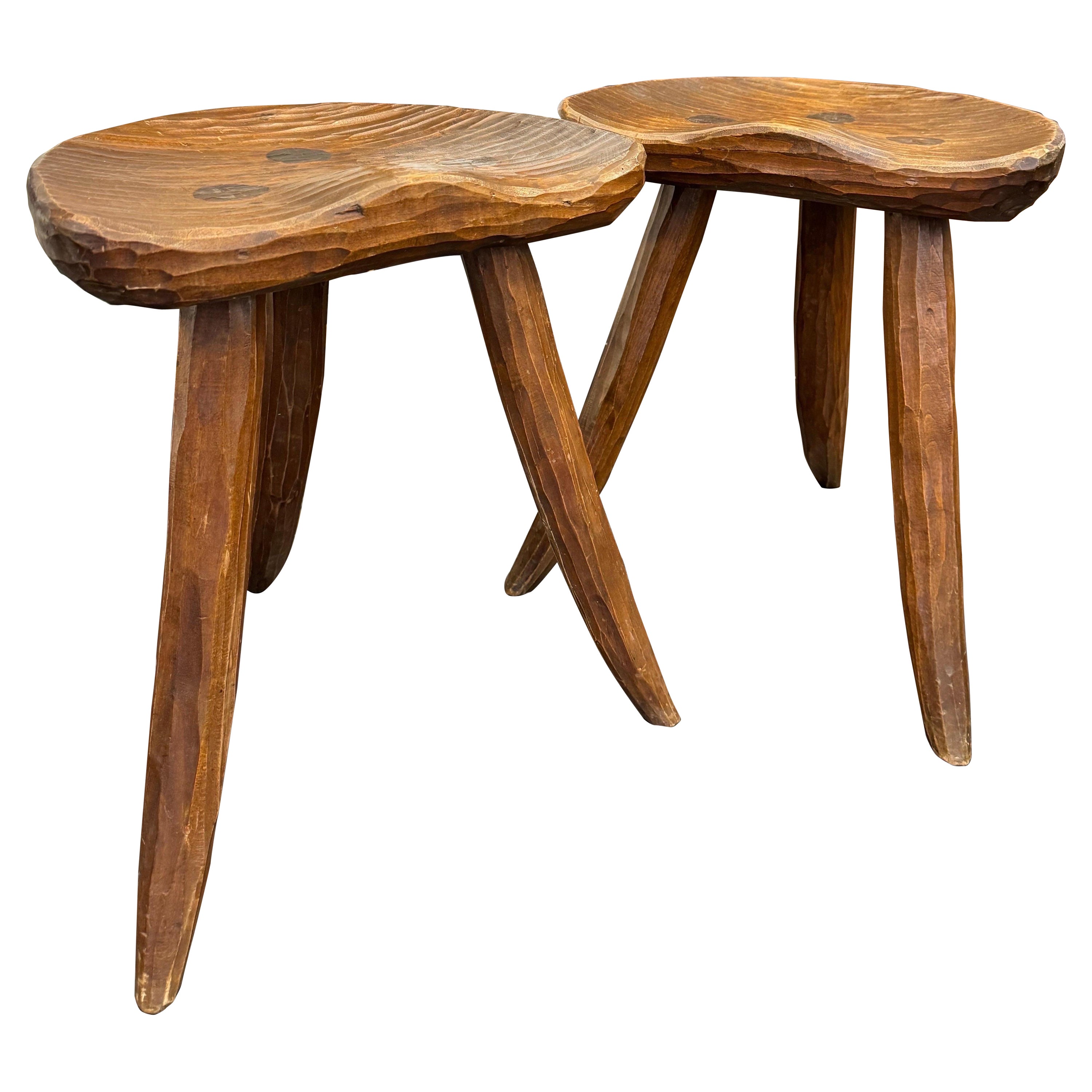 Paire de tabourets en chêne avec assise en selle