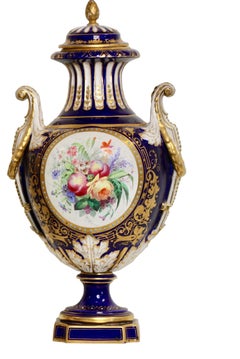 Fine Pair of Sevres Style "Jeweled" Blue-Ground Vases and Covers