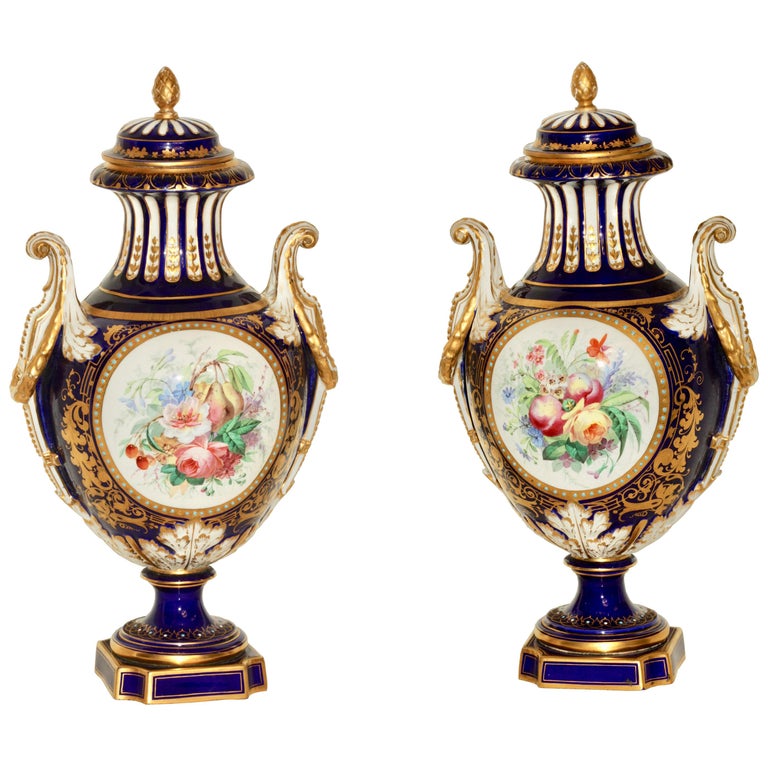Fine Pair of Sevres Style "Jeweled" BlueGround Vases and Covers For Sale at 1stDibs