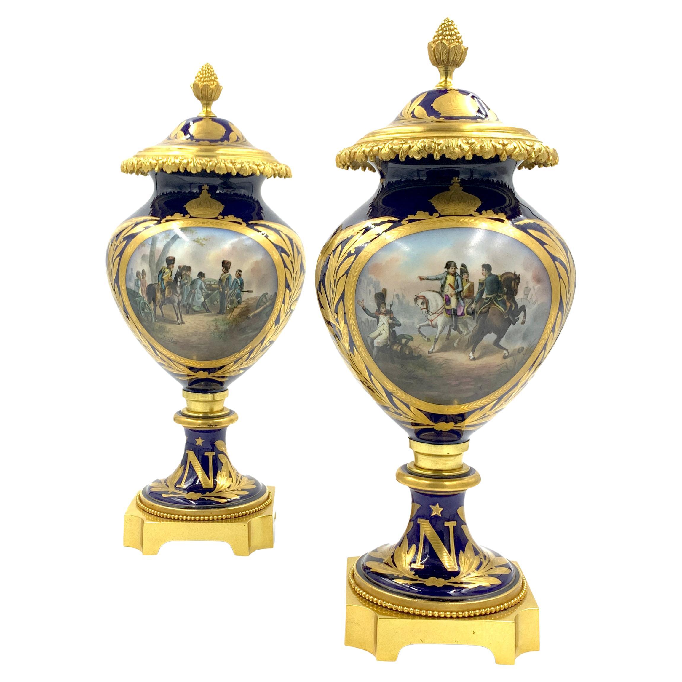 Fine Pair of Sevres Style Napoleonic Porcelain Vases