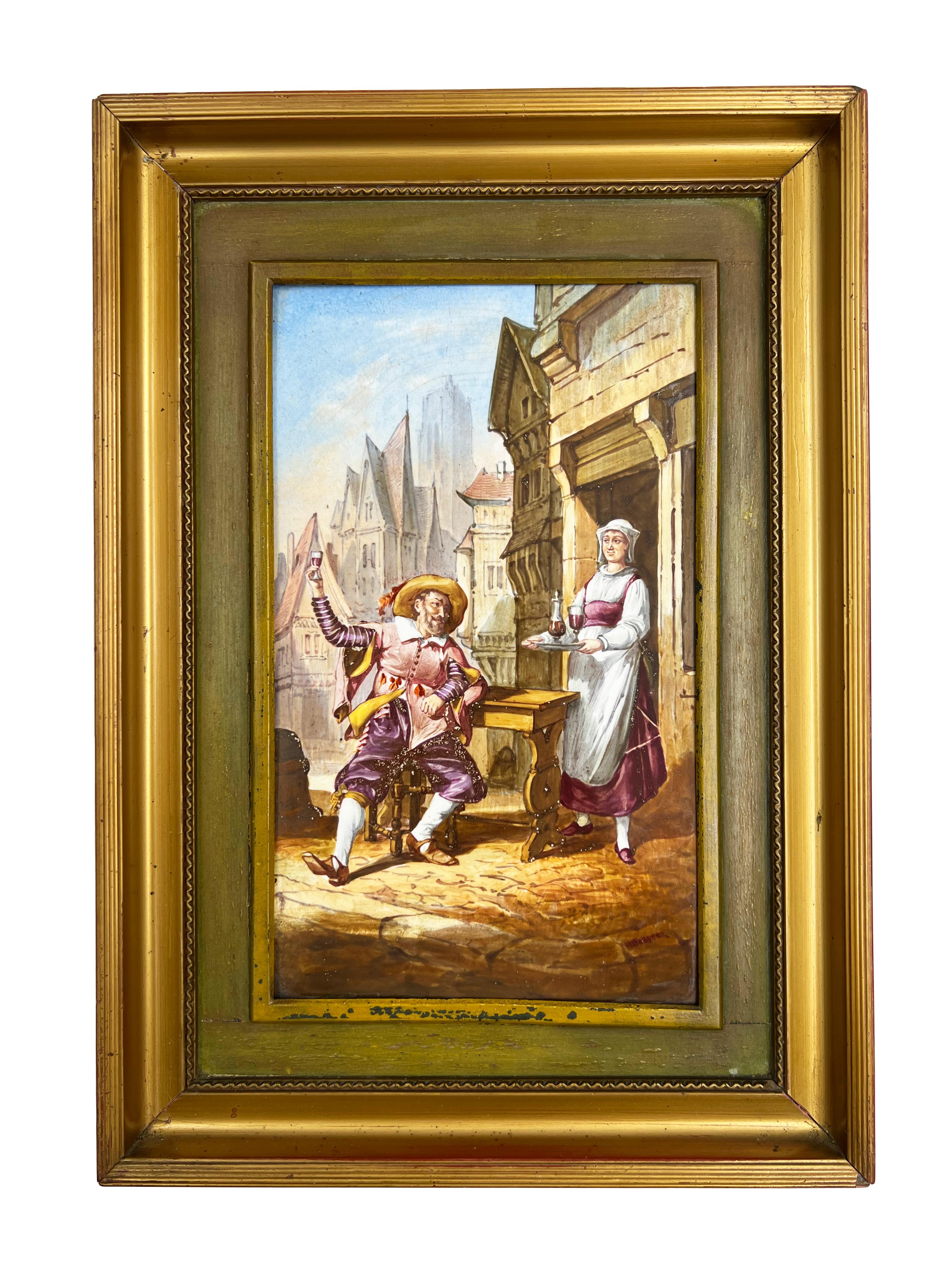  A pair of Sevres style painted porcelain plaques, depicting male and female in town scene, in elaborate gilt frames, signed H. Desprez 20th century school.

Dimensions: Frame: H: 31.5cm, W: 22.5cm

Plaques: H: 22cm, W: 13.5cm