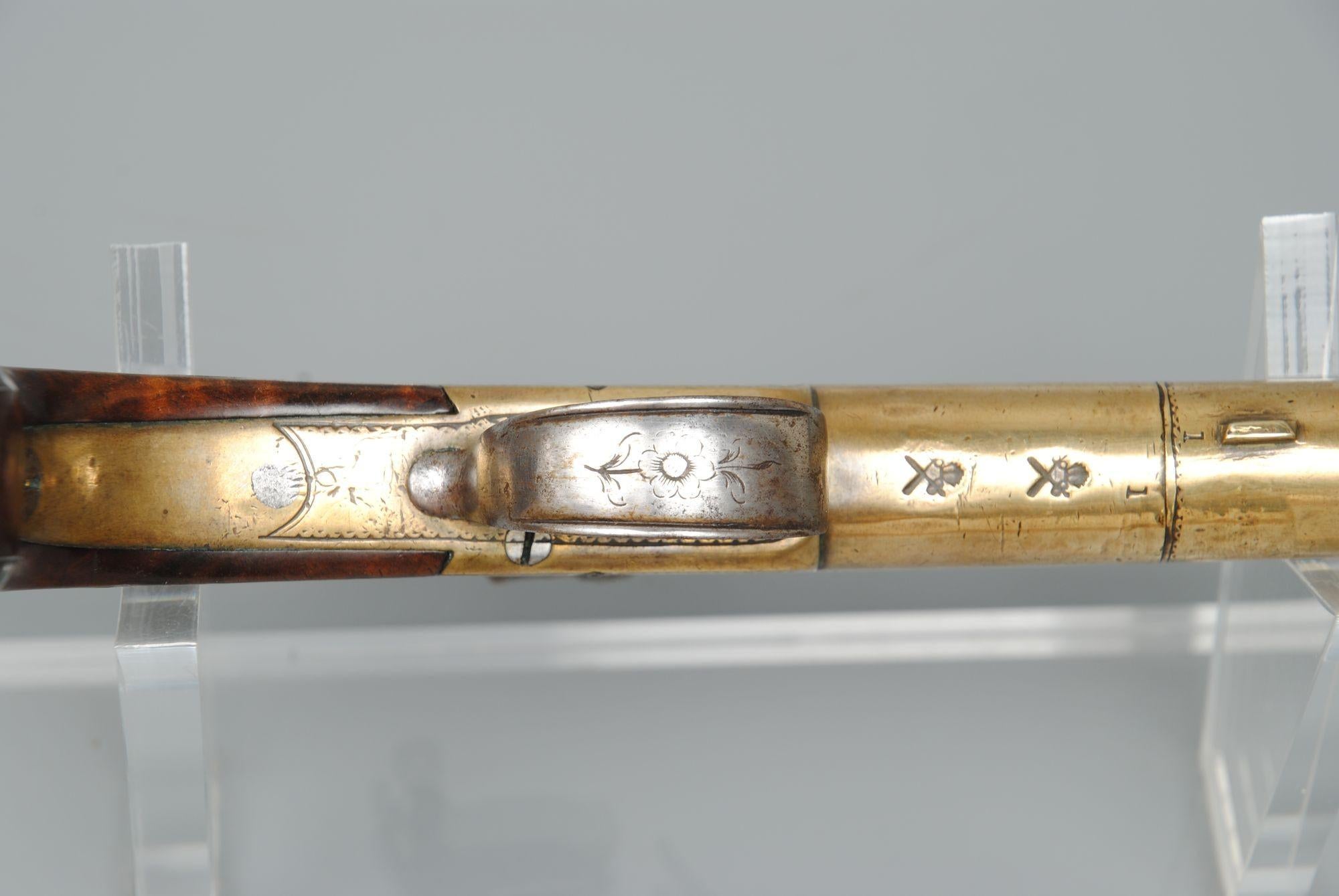 18th Century A Fine Pair Of Silver Inlaid Brass Barrelled Pistols By Bunney London