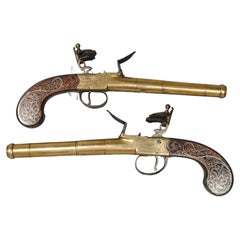 Antique A Fine Pair Of Silver Inlaid Brass Barrelled Pistols By Bunney London