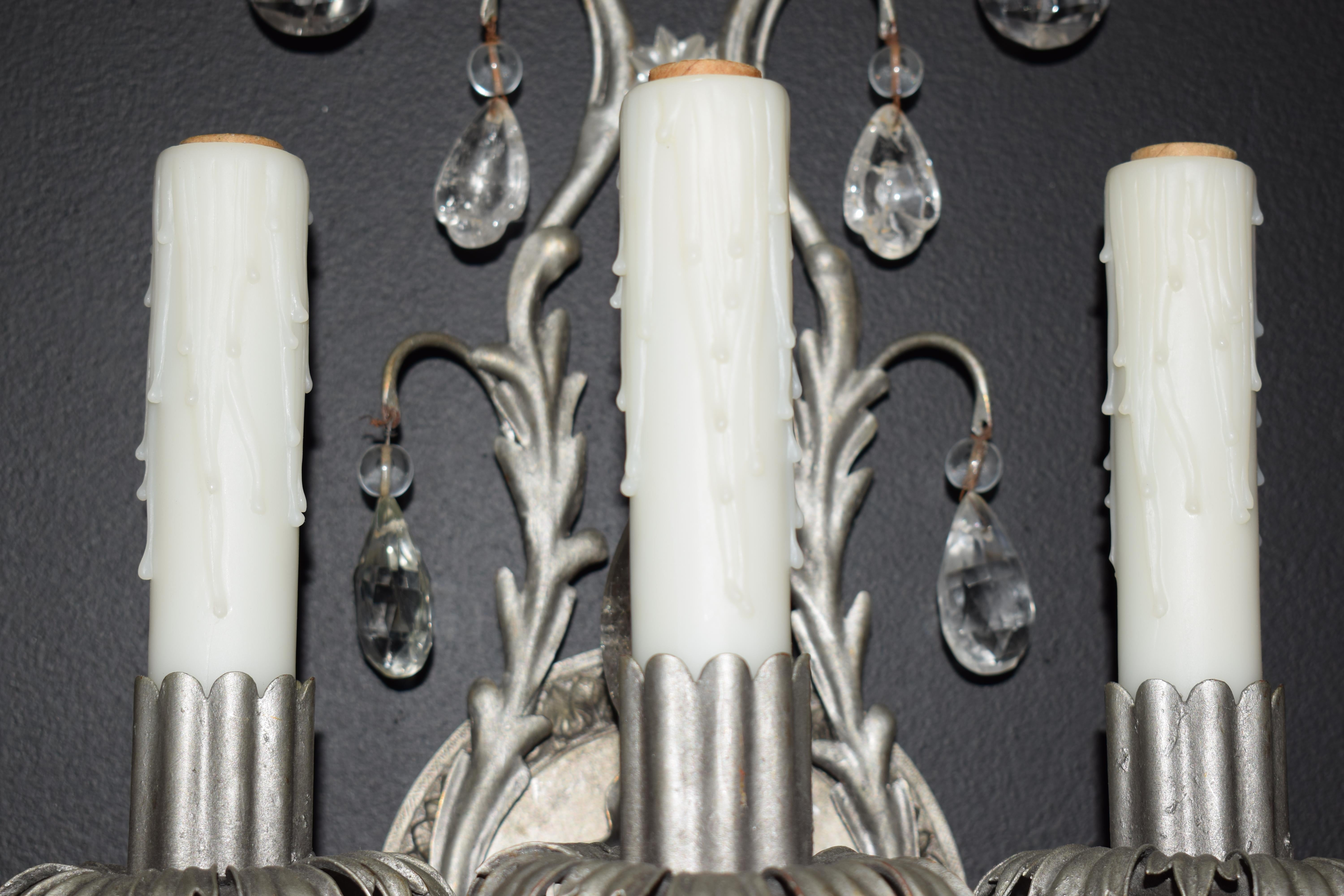 Fine Pair of Silvered, Crystal and Rock Crystal Wall Sconces For Sale 5