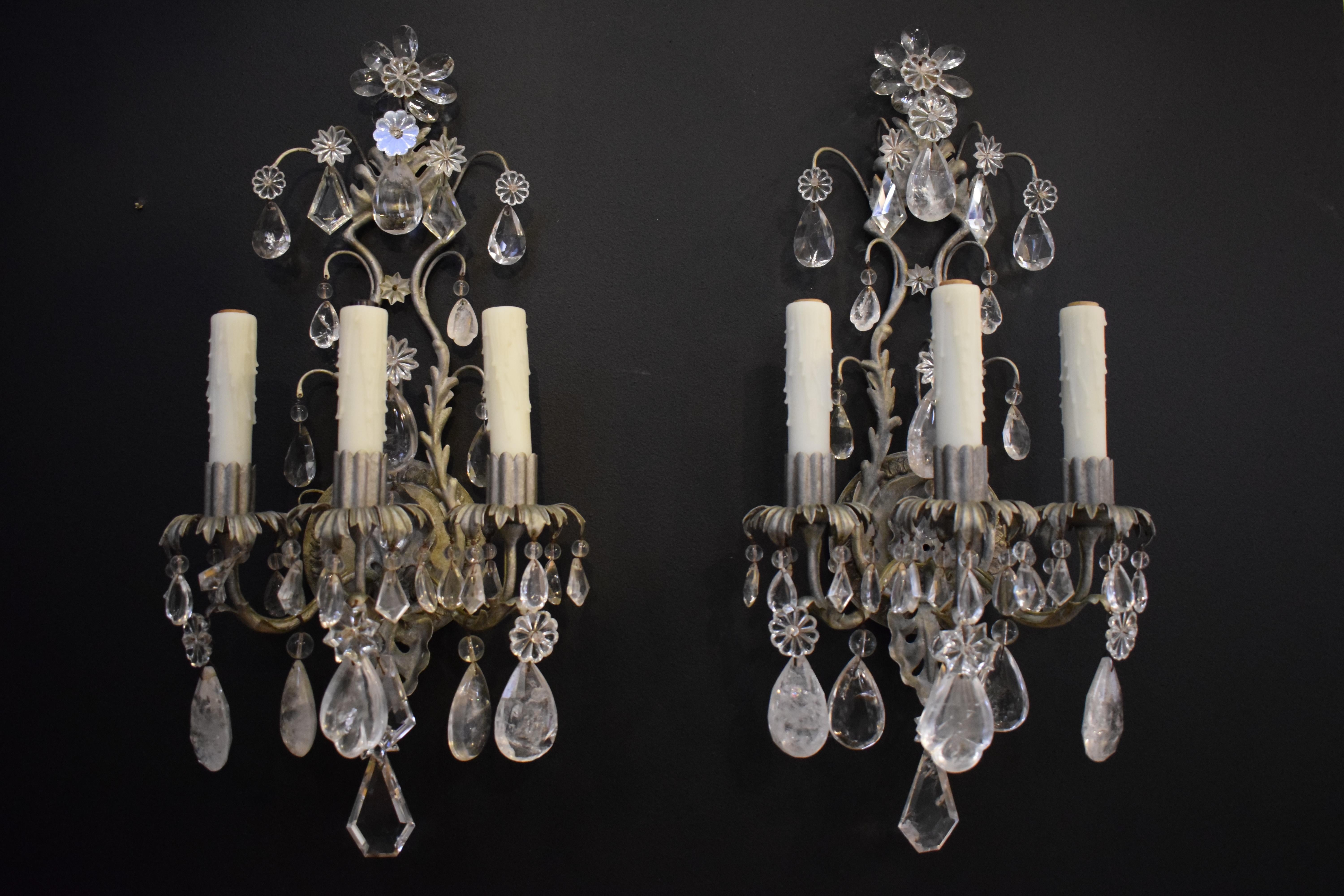 French Fine Pair of Silvered, Crystal and Rock Crystal Wall Sconces For Sale