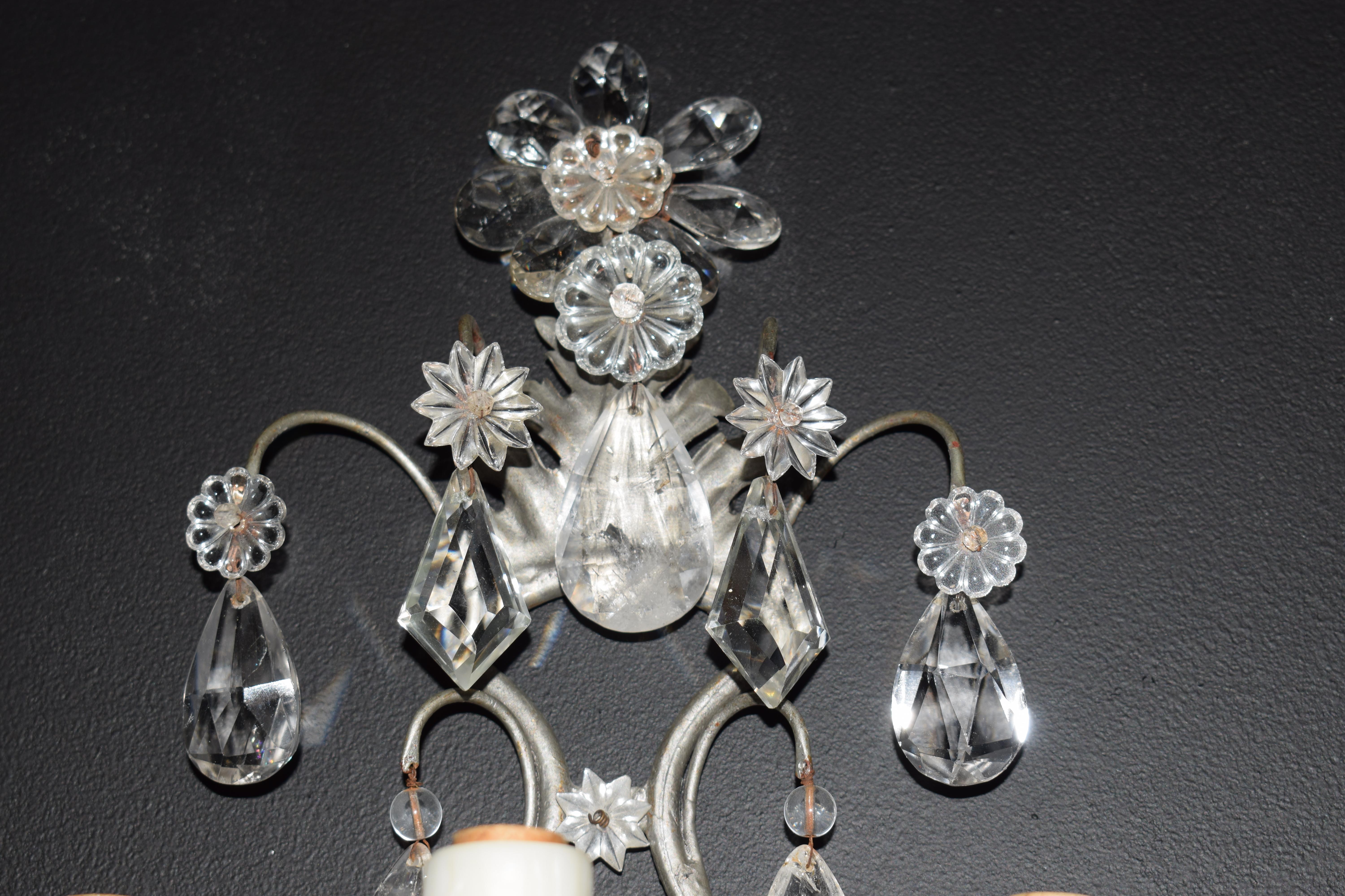 Fine Pair of Silvered, Crystal and Rock Crystal Wall Sconces In Good Condition For Sale In Atlanta, GA
