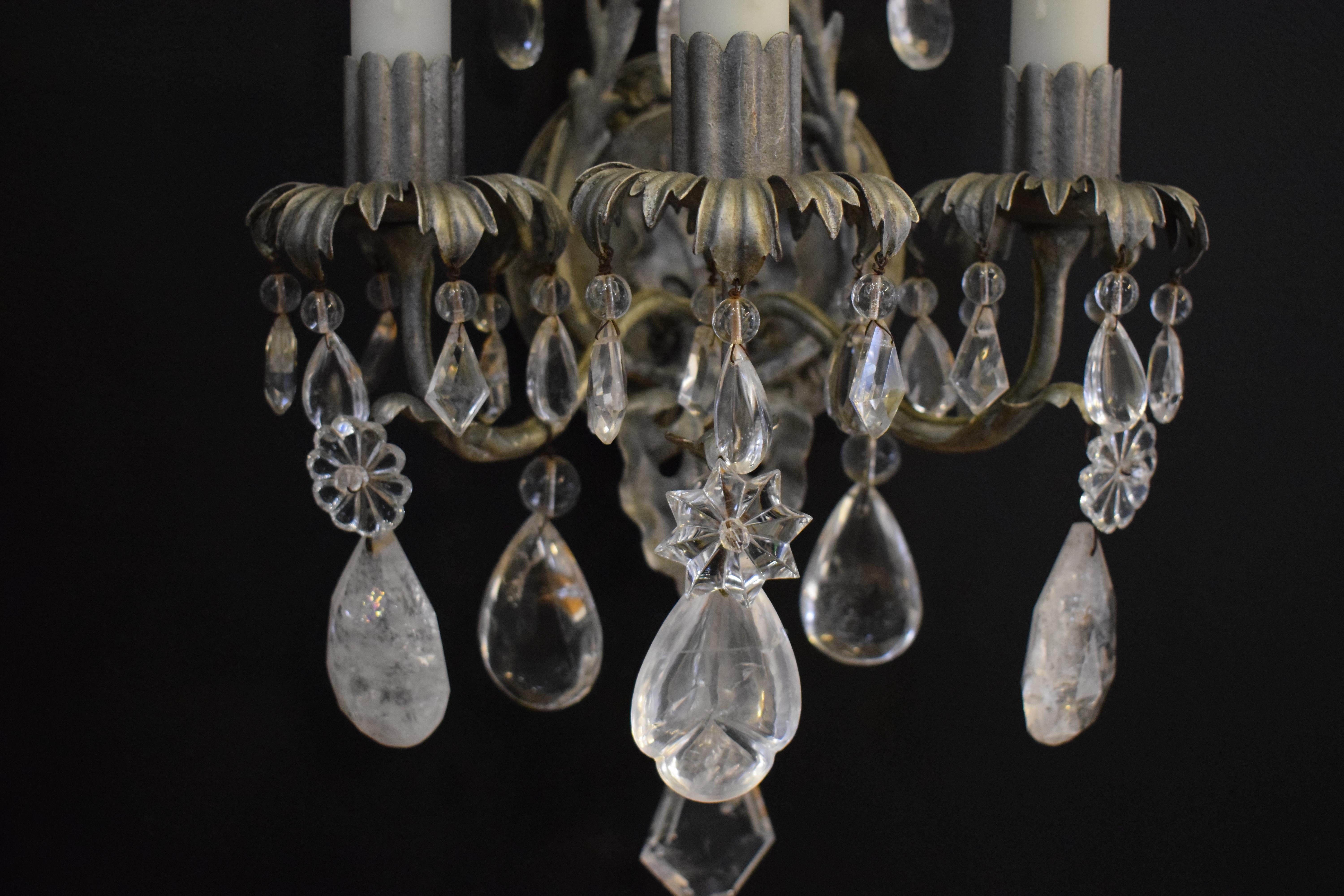 Fine Pair of Silvered, Crystal and Rock Crystal Wall Sconces For Sale 1