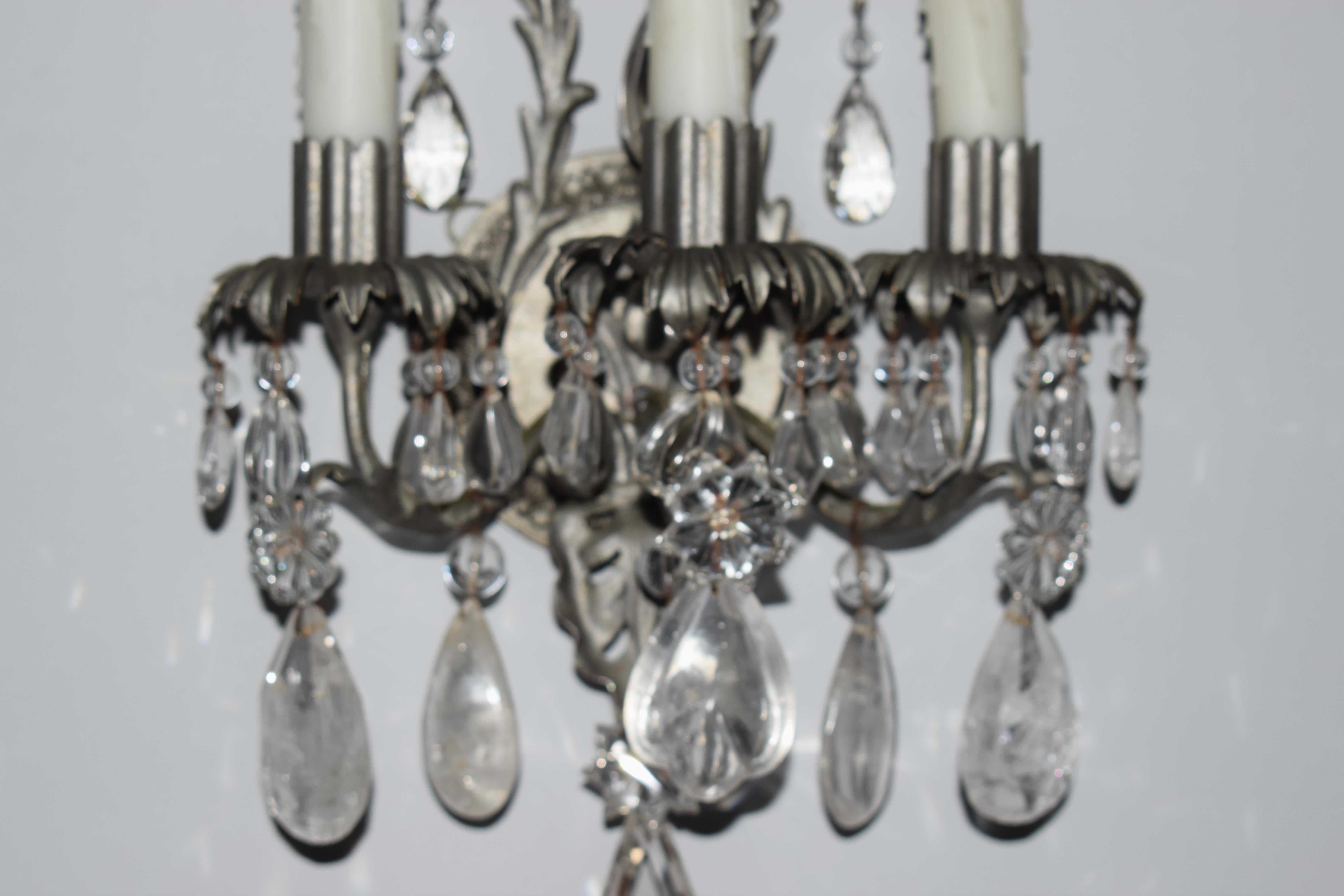 Fine Pair of Silvered, Crystal and Rock Crystal Wall Sconces For Sale 3