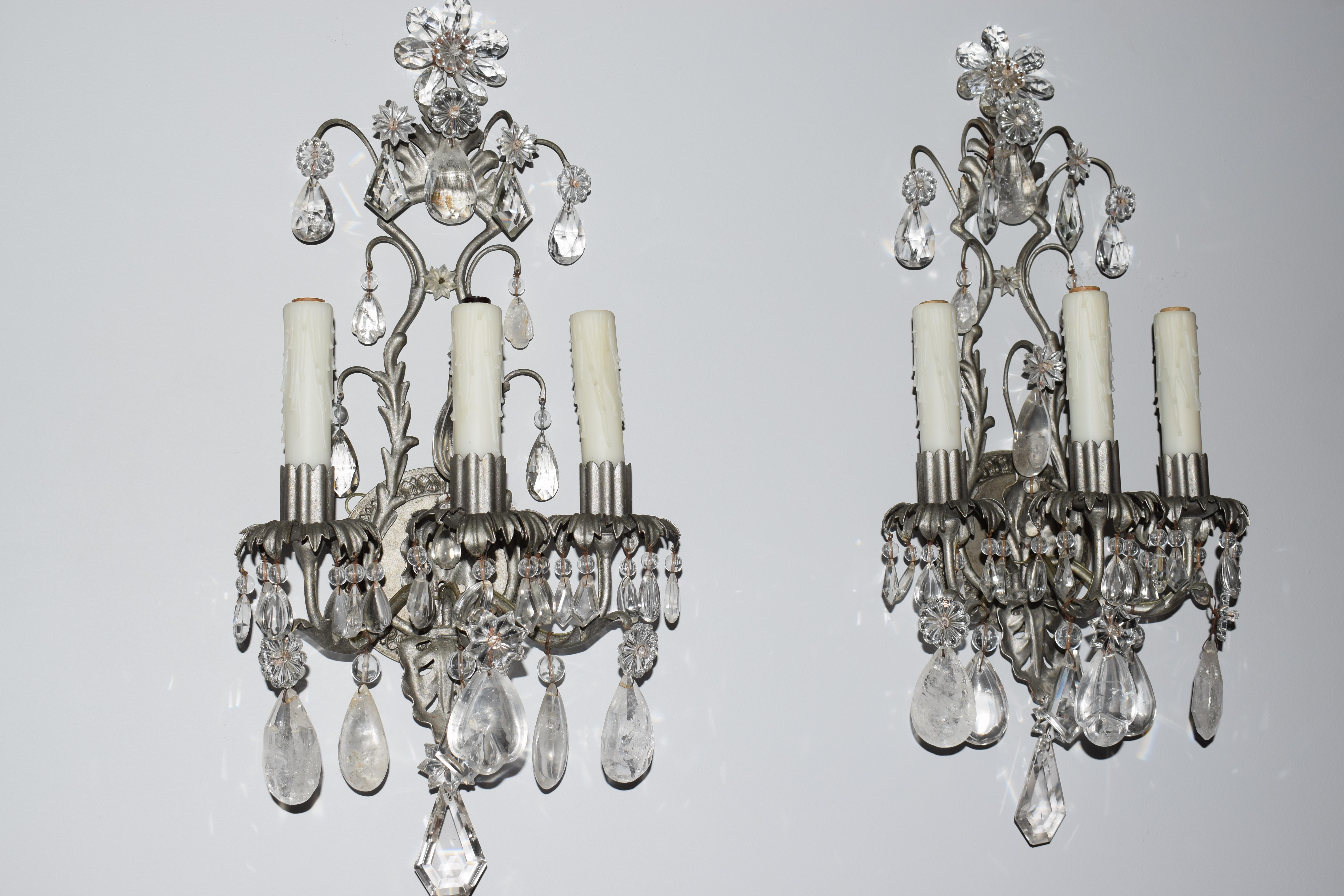 Fine Pair of Silvered, Crystal and Rock Crystal Wall Sconces For Sale 4