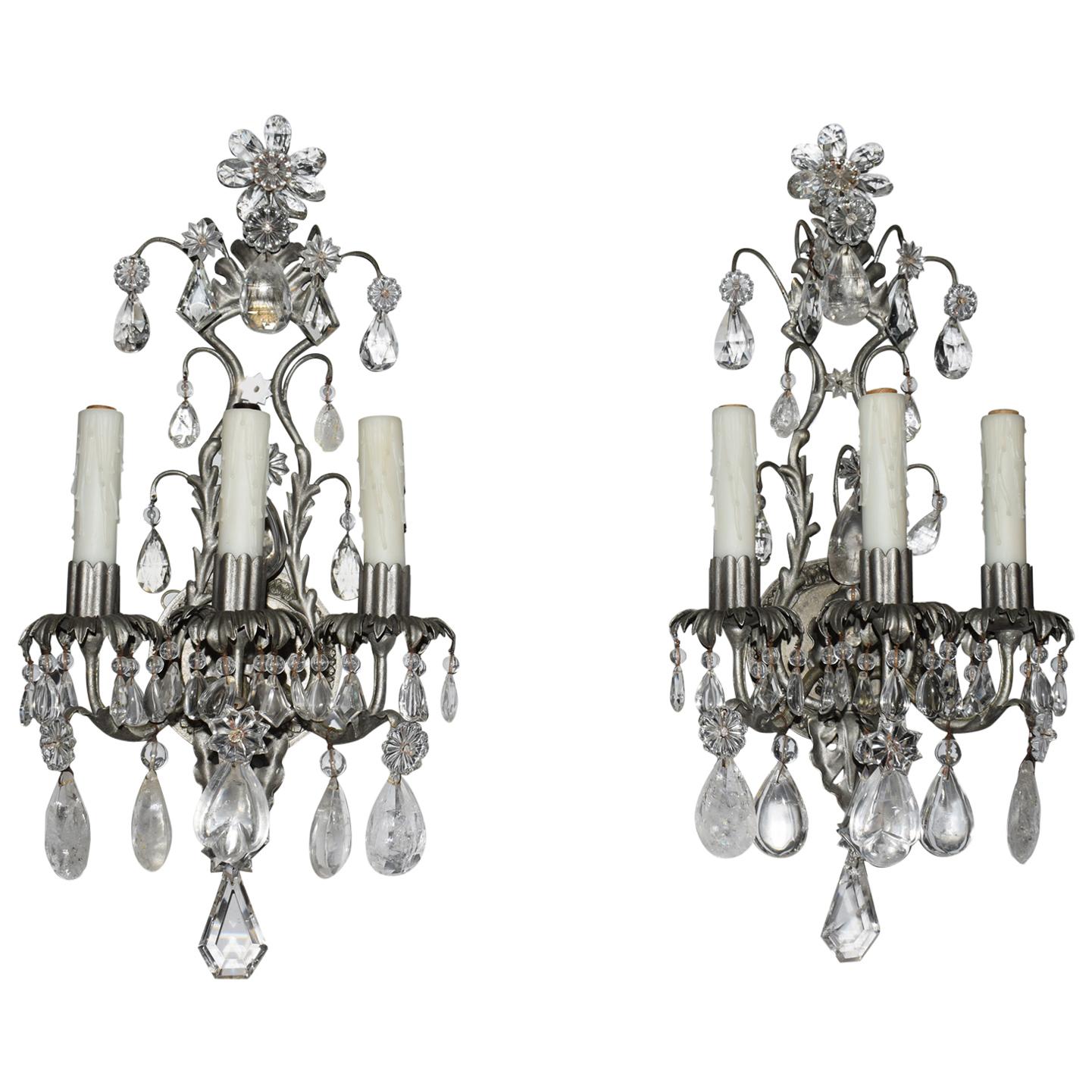Fine Pair of Silvered, Crystal and Rock Crystal Wall Sconces For Sale