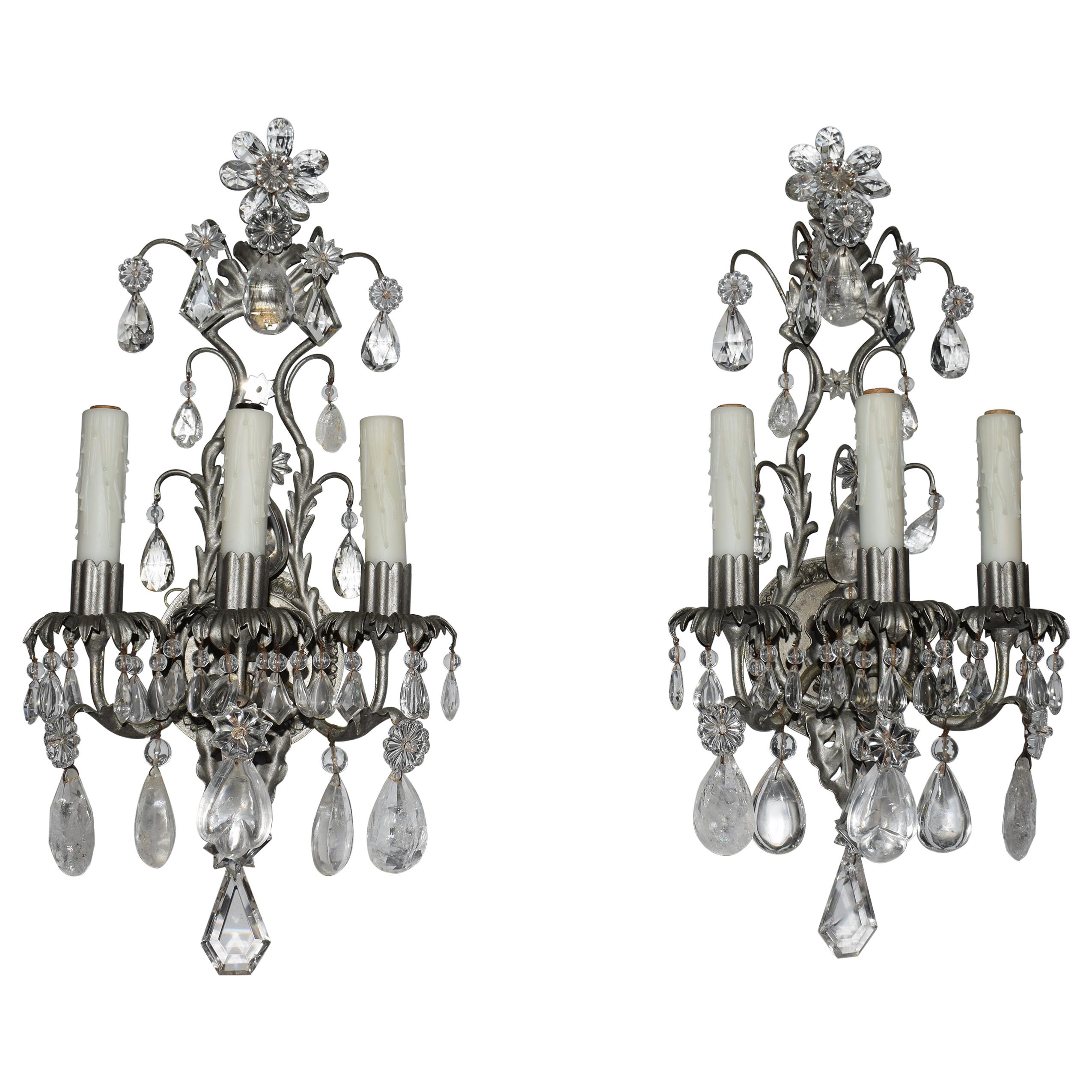 Fine Pair of Silvered, Crystal and Rock Crystal Wall Sconces