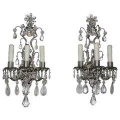 Vintage Fine Pair of Silvered, Crystal and Rock Crystal Wall Sconces