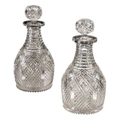 Fine Pair of Step and Diamond Panelled Cut Glass Magnum Regency Decanters