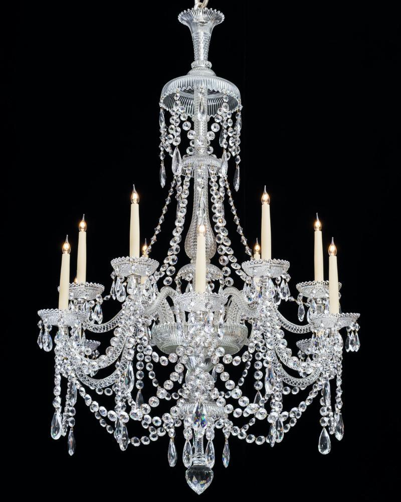 Mid-19th Century Fine Pair of Twelve Light Cut Glass Antique Chandeliers by Perry & Co. For Sale