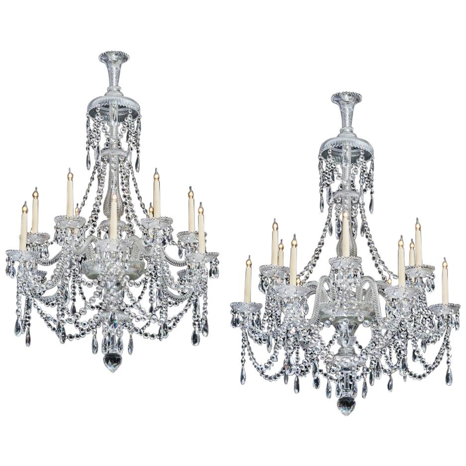 Fine Pair of Twelve Light Cut Glass Antique Chandeliers by Perry & Co.