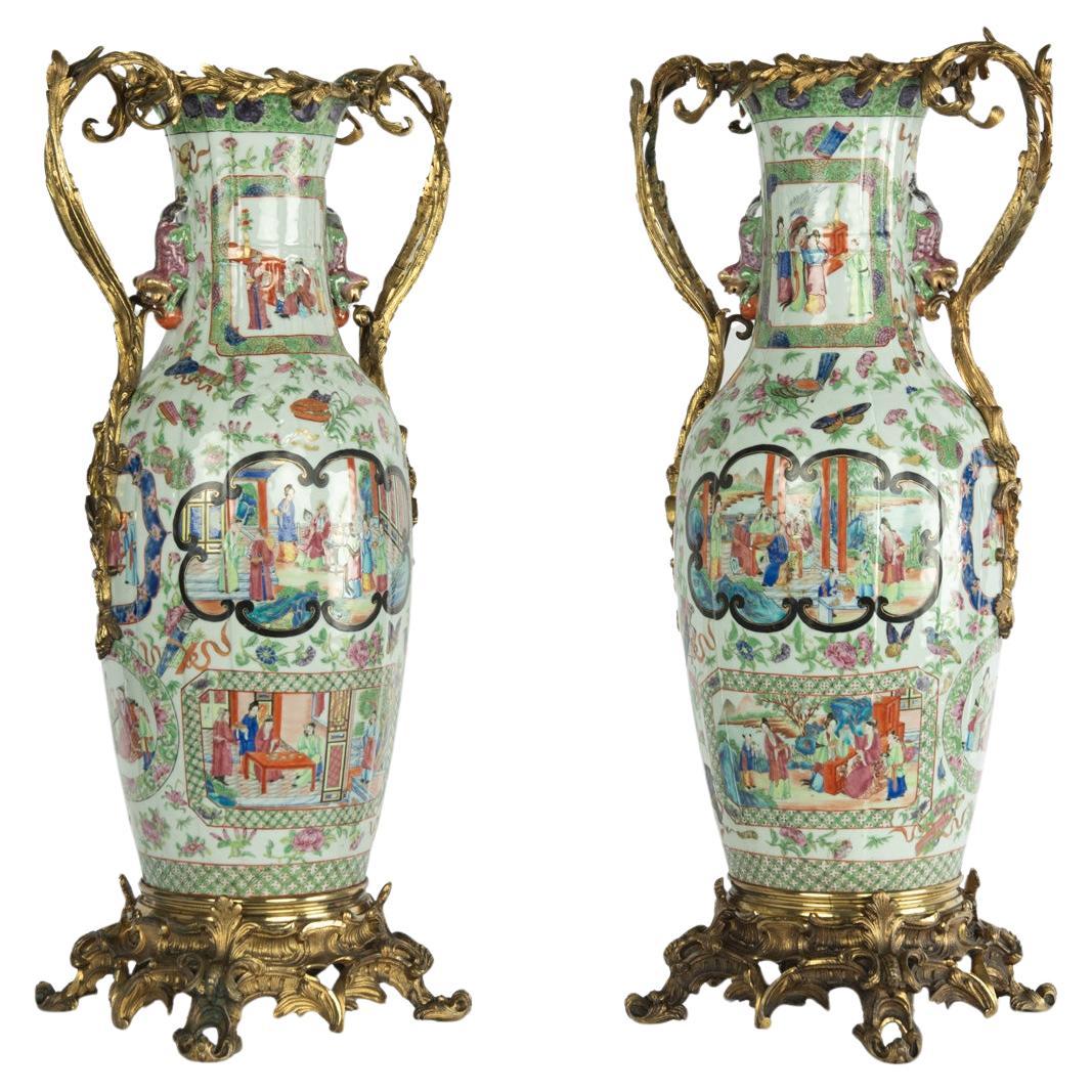 A fine pair of unusual ormolu mounted Chinese porcelain vases