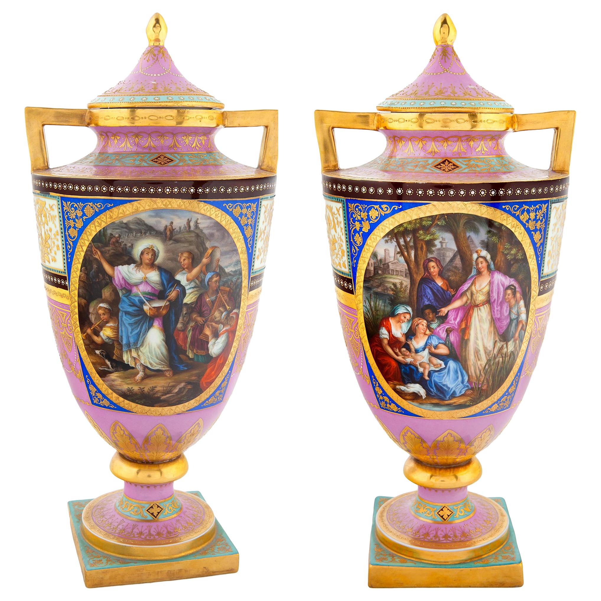 Fine Pair of Vienna Style Austrian Painted Porcelain Vases and Cover For Sale