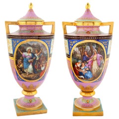 Fine Pair of Vienna Style Austrian Painted Porcelain Vases and Cover