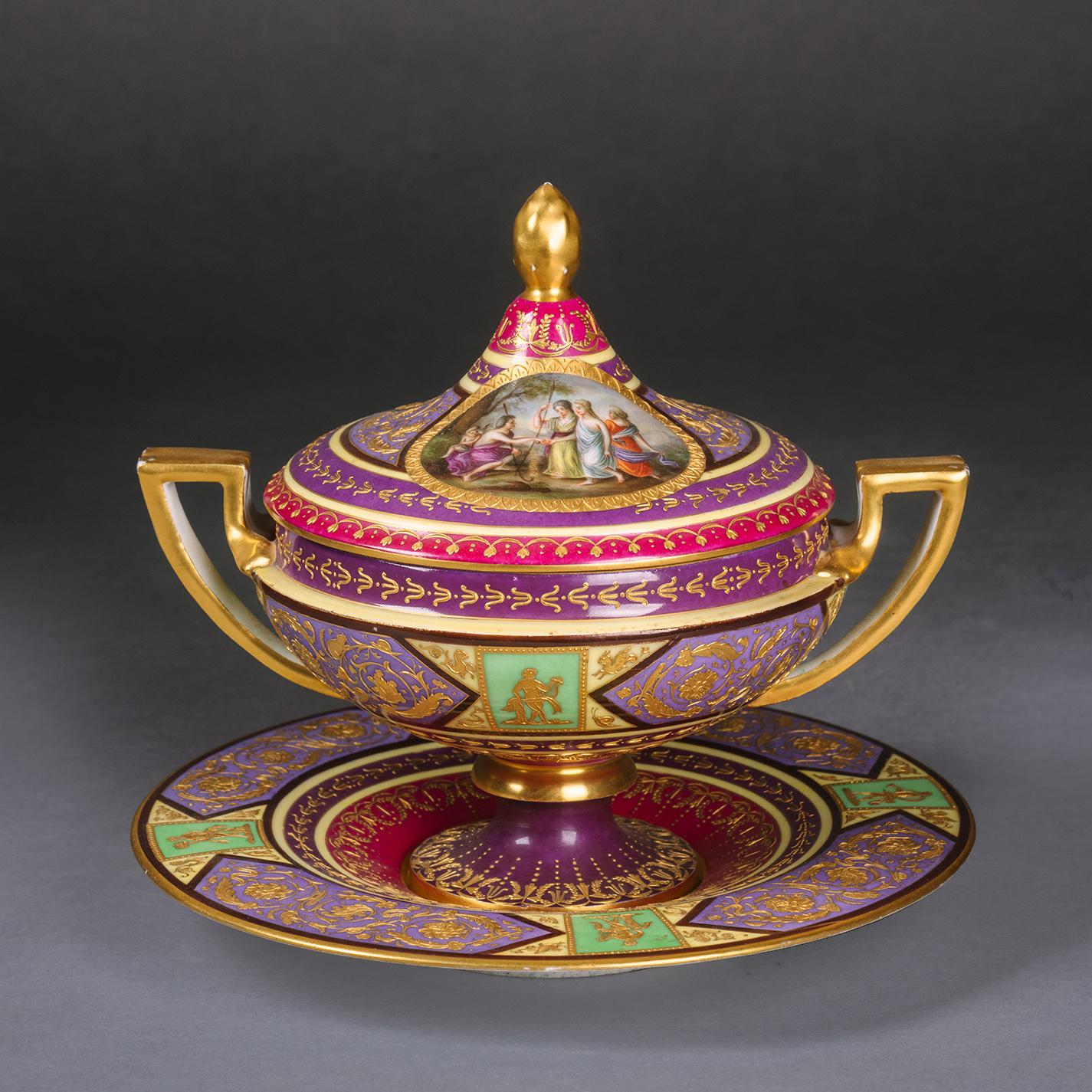 A fine pair of Vienna Style Porcelain tureens and covers. 

Each cover with finely painted figural mythological scenes of Venus, Cupid and nymphs in the style of Angelica Kaufmann, within multicoloured pastel and gilt-tooled borders on a magenta