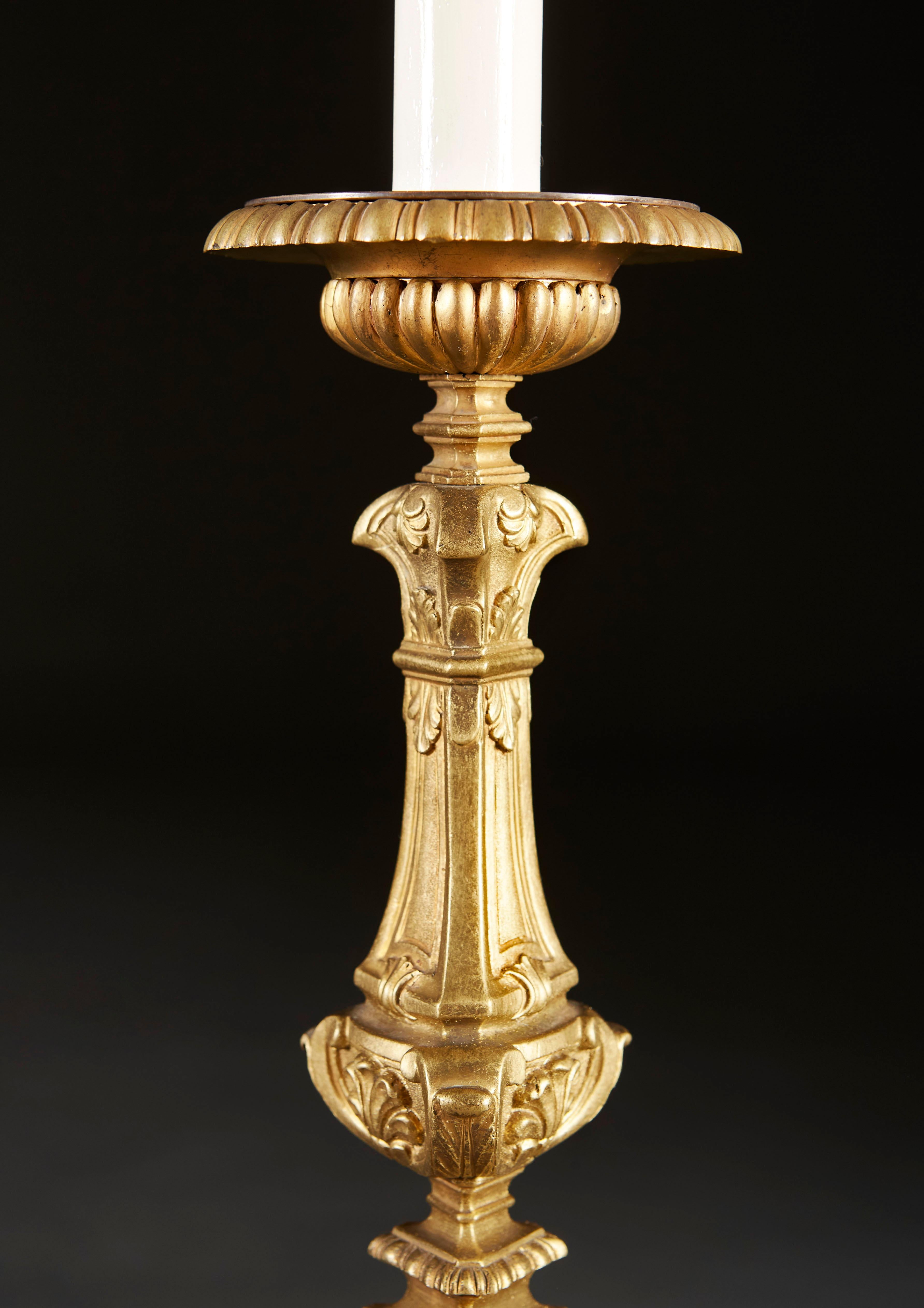 English Fine Pair of William IV Ormolu Candlestick Lamps
