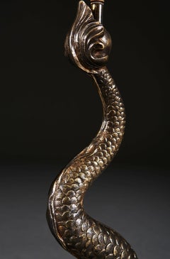 Fine Patinated Brass Dolphin Table Lamp, with Green Marble Base