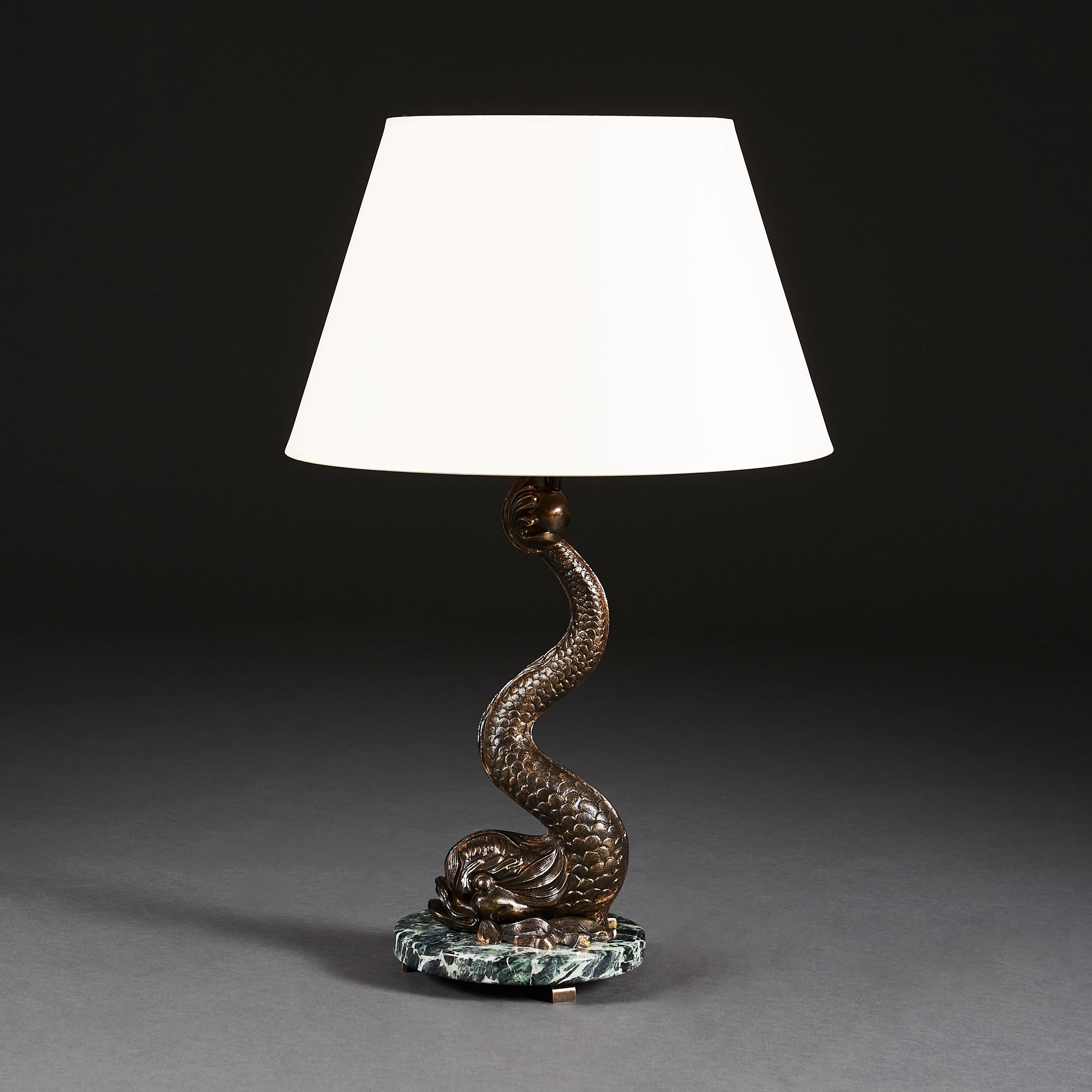 French Fine Patinated Brass Dolphin Table Lamp, with Green Marble Base