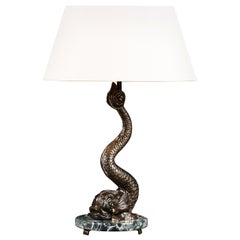 Antique Fine Patinated Brass Dolphin Table Lamp, with Green Marble Base