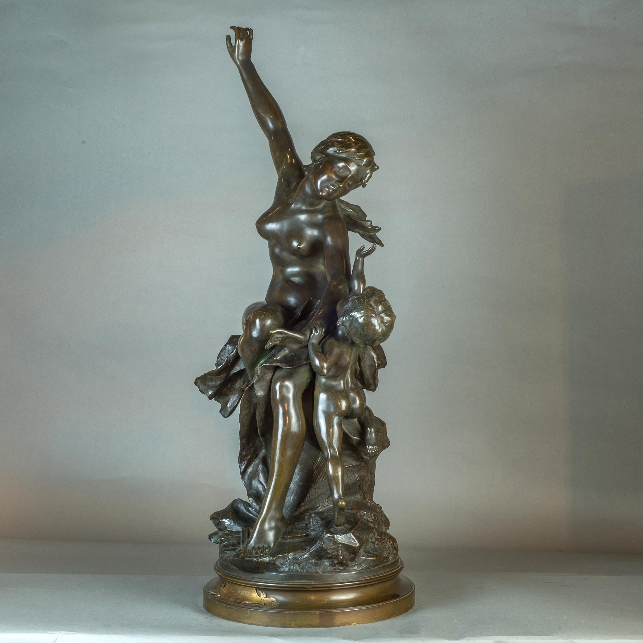 A nude girl holding cupid away with her left arm, her left foot on his quiver, on a circular base, seated on a rock signed 'Dercheu' to the back, the front inscribed ‘L’Amour Désarmé par Dercheu’ and stamped '54038'.

Artist: