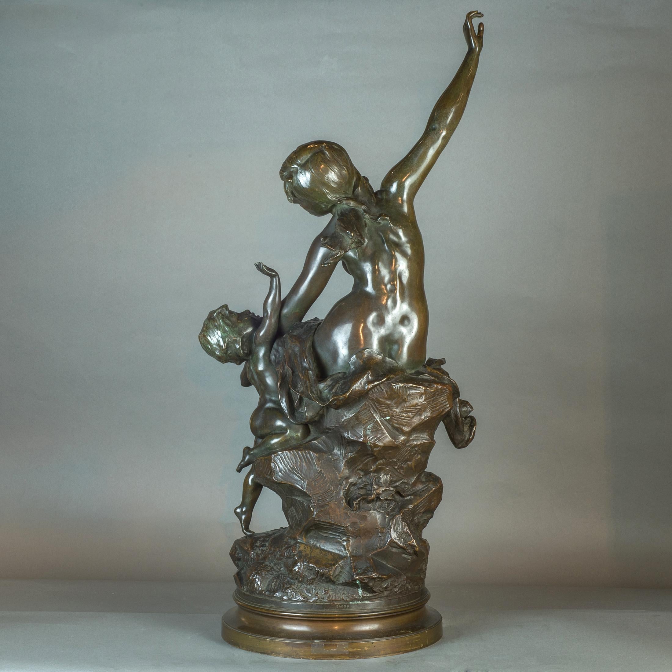 French  Patinated Bronze Group Entitled 'L'Amour Désarmé' by Alexandre Dercheu For Sale