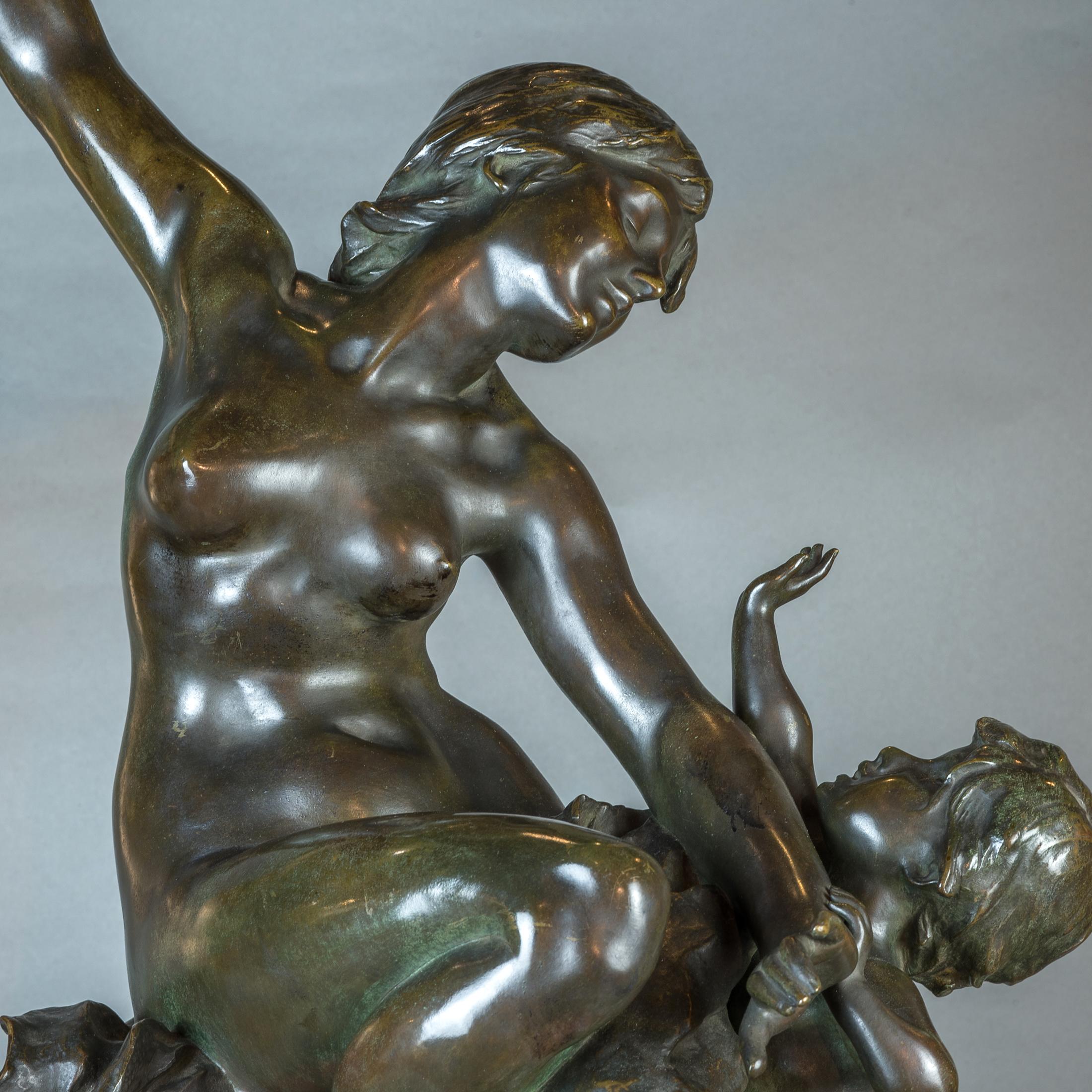 19th Century  Patinated Bronze Group Entitled 'L'Amour Désarmé' by Alexandre Dercheu For Sale