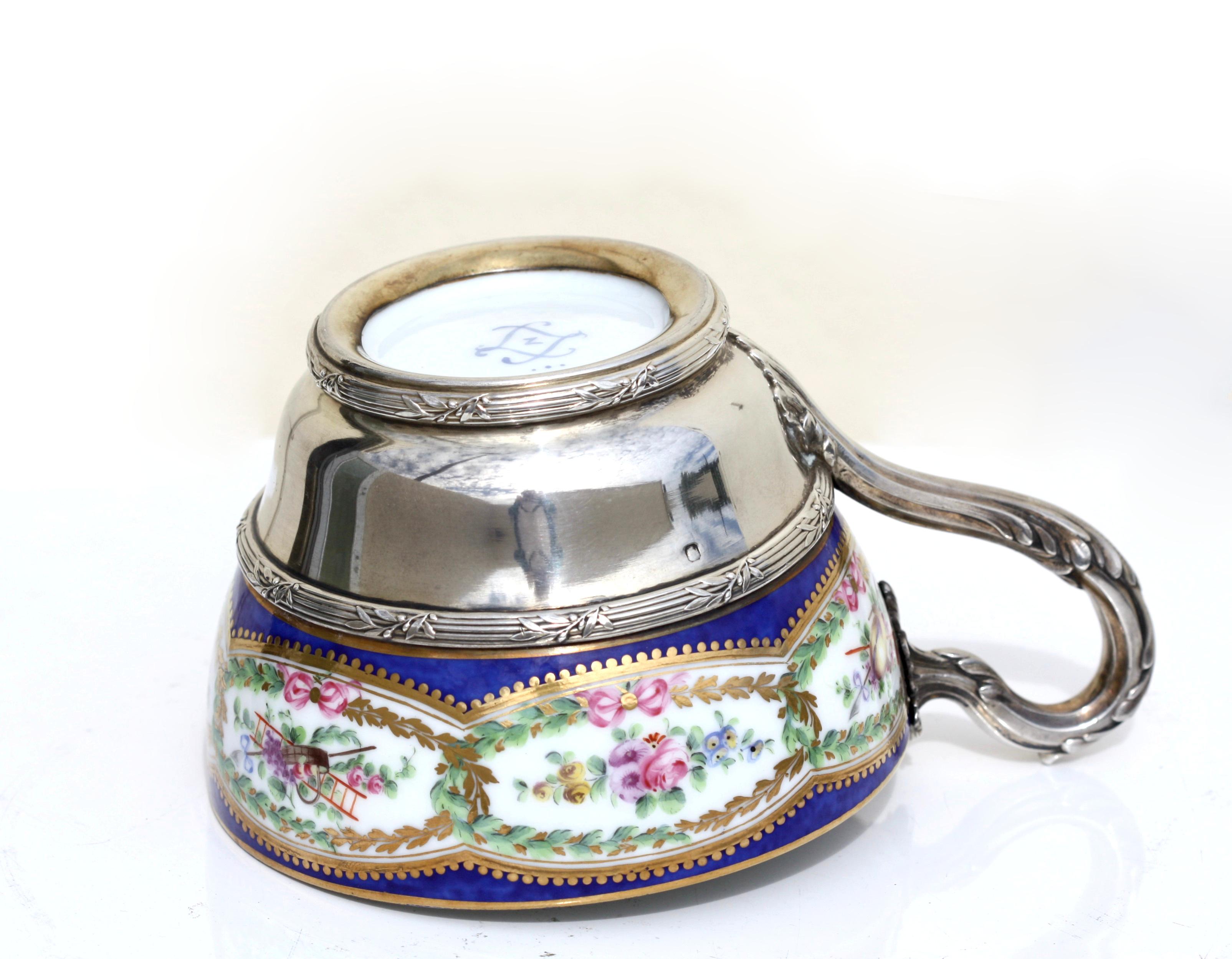 19th Century Fine Porcelain Silver Mounted Teacup and Saucer For Sale