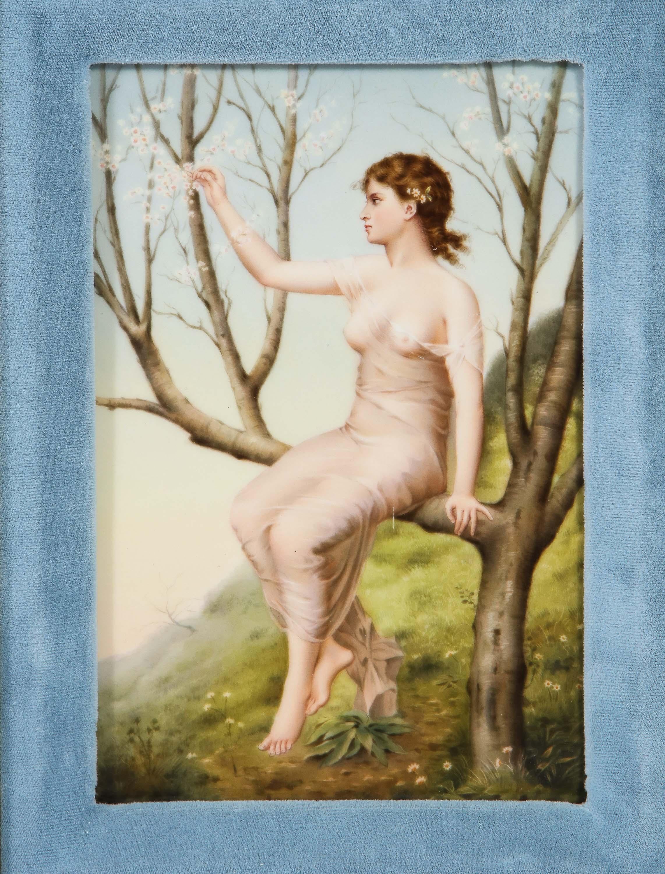 A fine quality antique Berlin K.P.M hand painted porcelain rectangular plaque, circa 1880 in a nice giltwood and blue velvet frame.

Finely painted KPM porcelain plaque depicting a semi-nude woman sitting on a tree in a forest picking flowers. Very