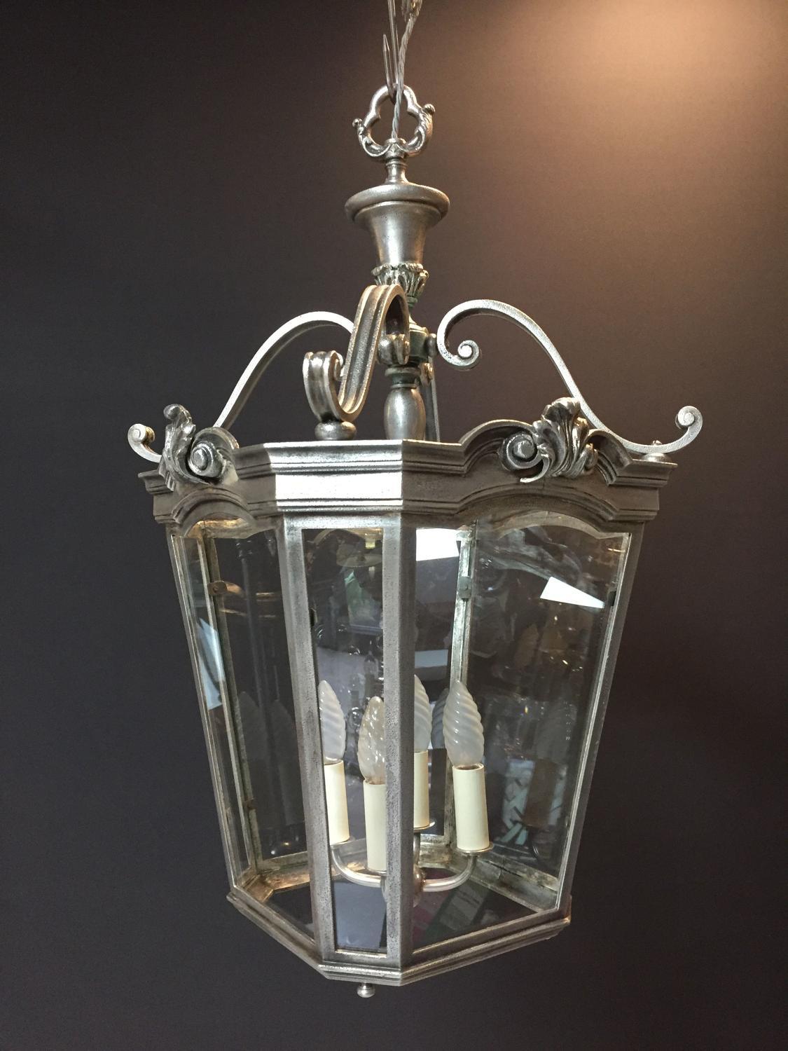 English Fine Quality, Four-Light, Silvered Bronze Hall Lantern, in the Georgian Style For Sale