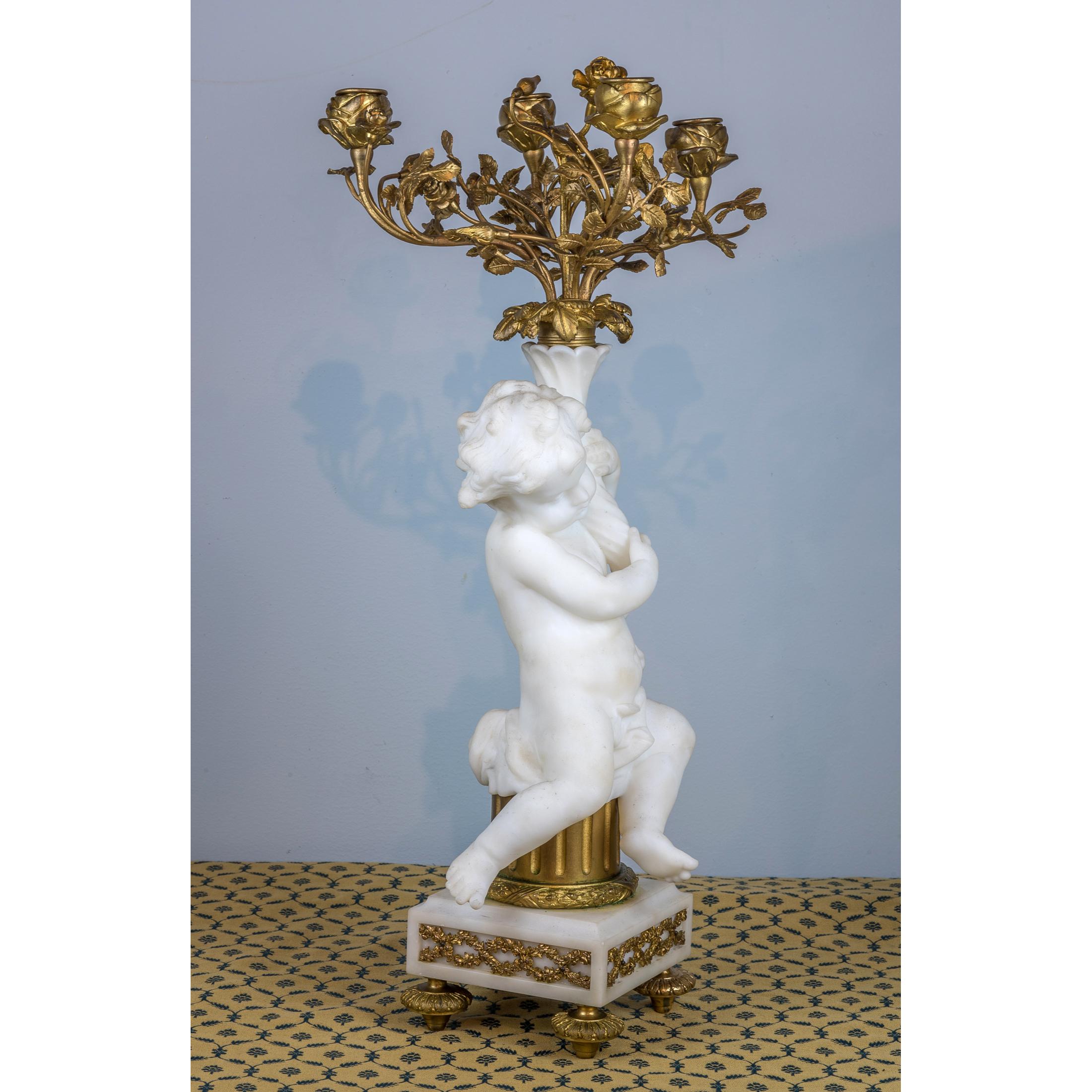 Fine Quality French Gilt Bronze and Carrara Marble Figural Clock Set For Sale 6