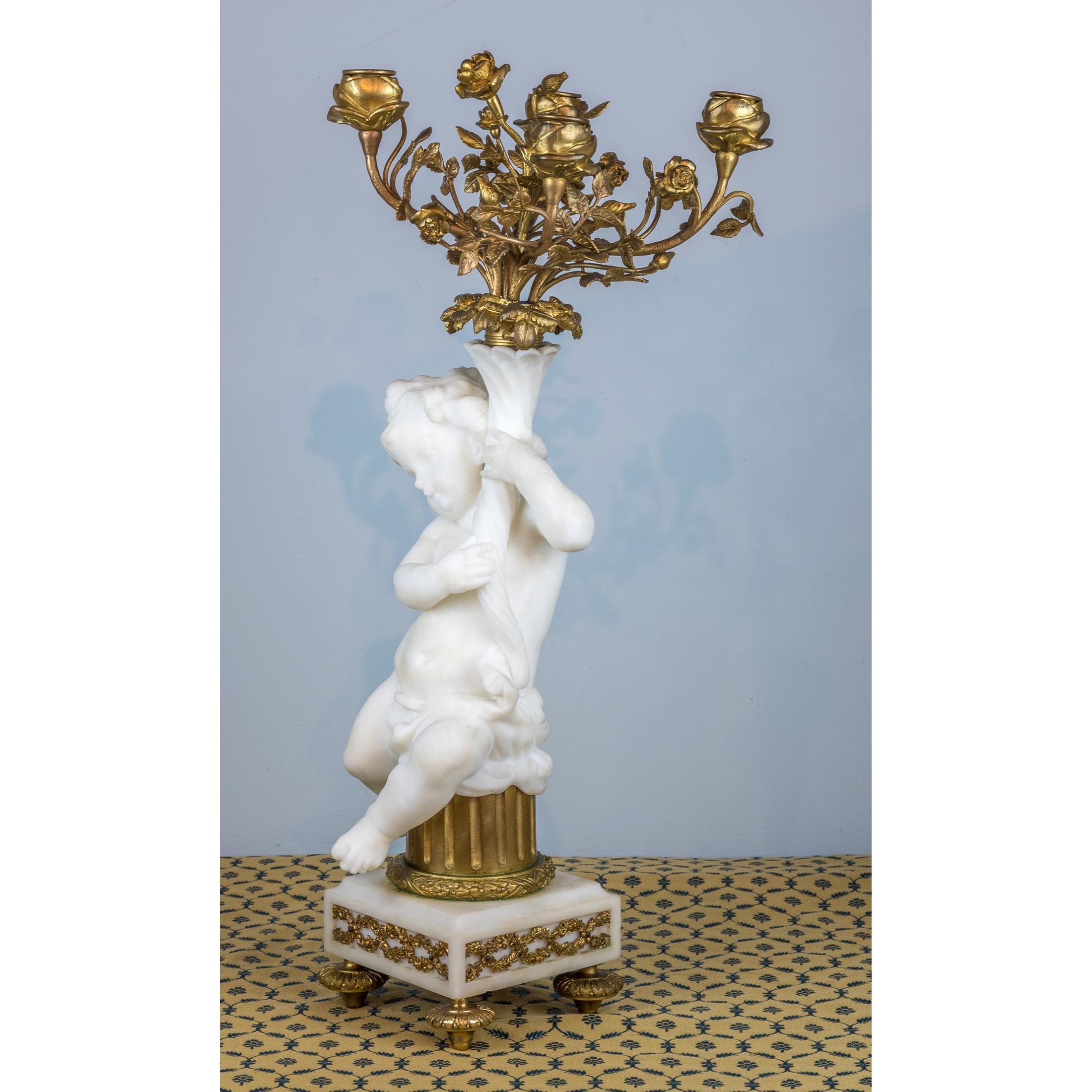 Fine Quality French Gilt Bronze and Carrara Marble Figural Clock Set For Sale 7
