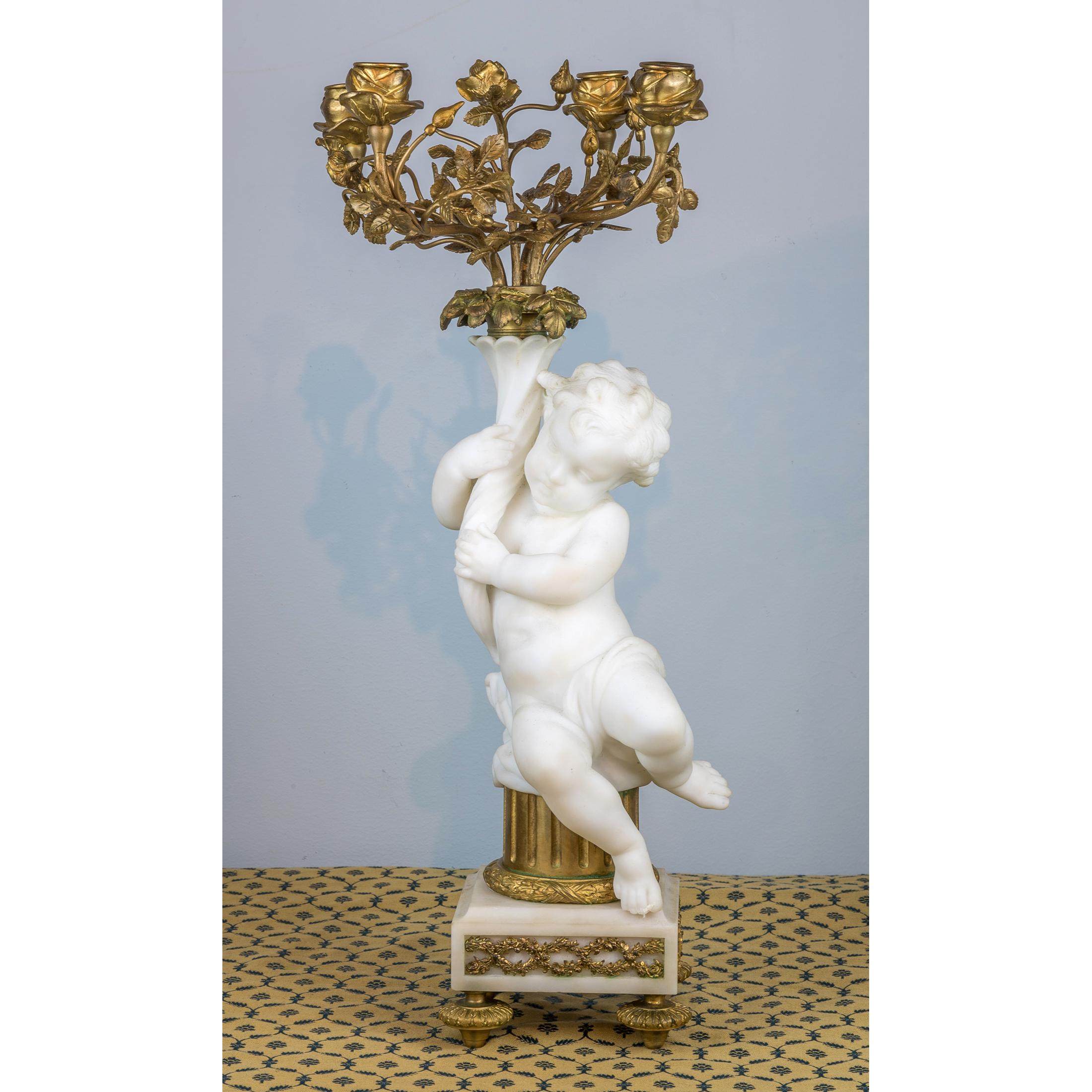 Fine Quality French Gilt Bronze and Carrara Marble Figural Clock Set For Sale 9