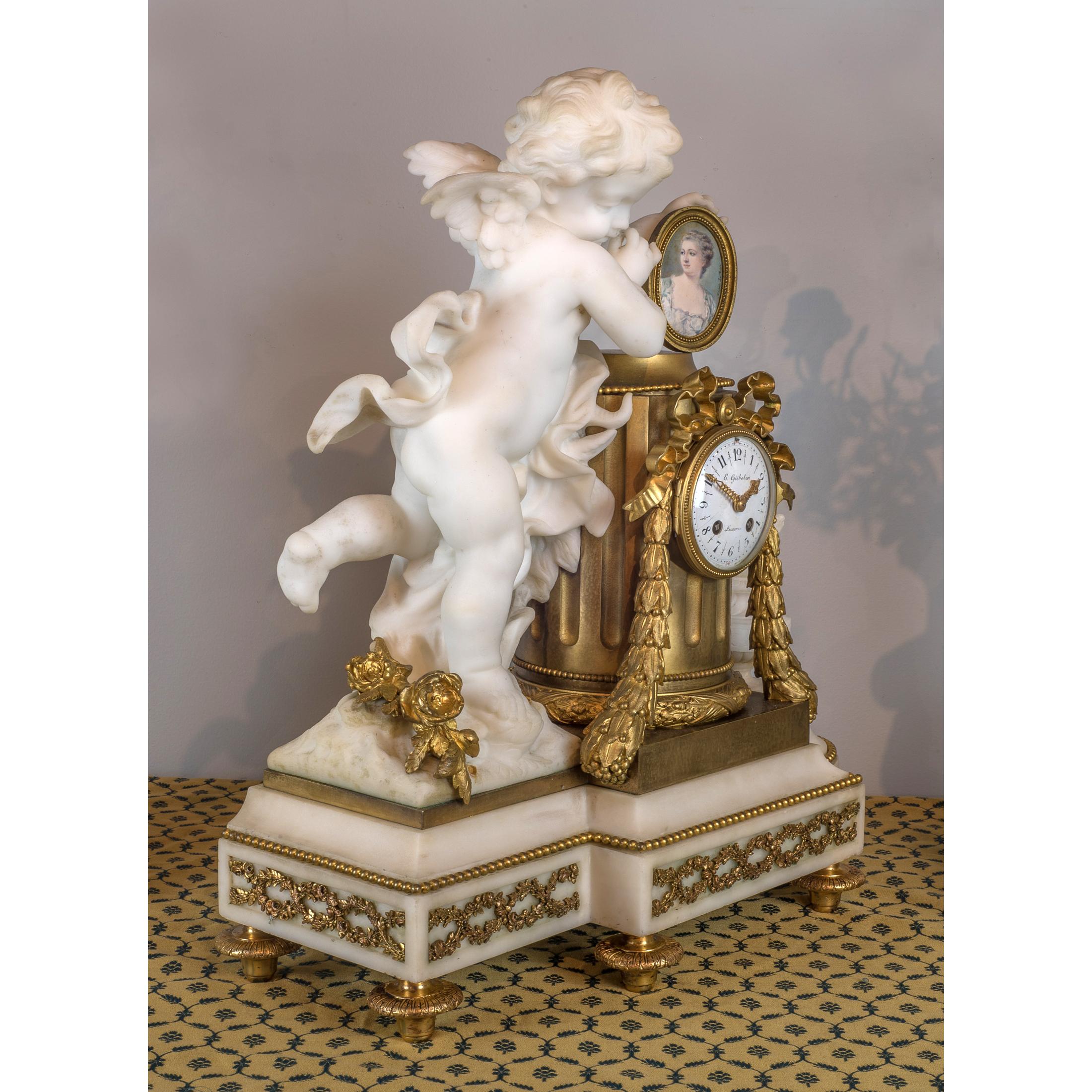 Fine Quality French Gilt Bronze and Carrara Marble Figural Clock Set In Good Condition For Sale In New York, NY