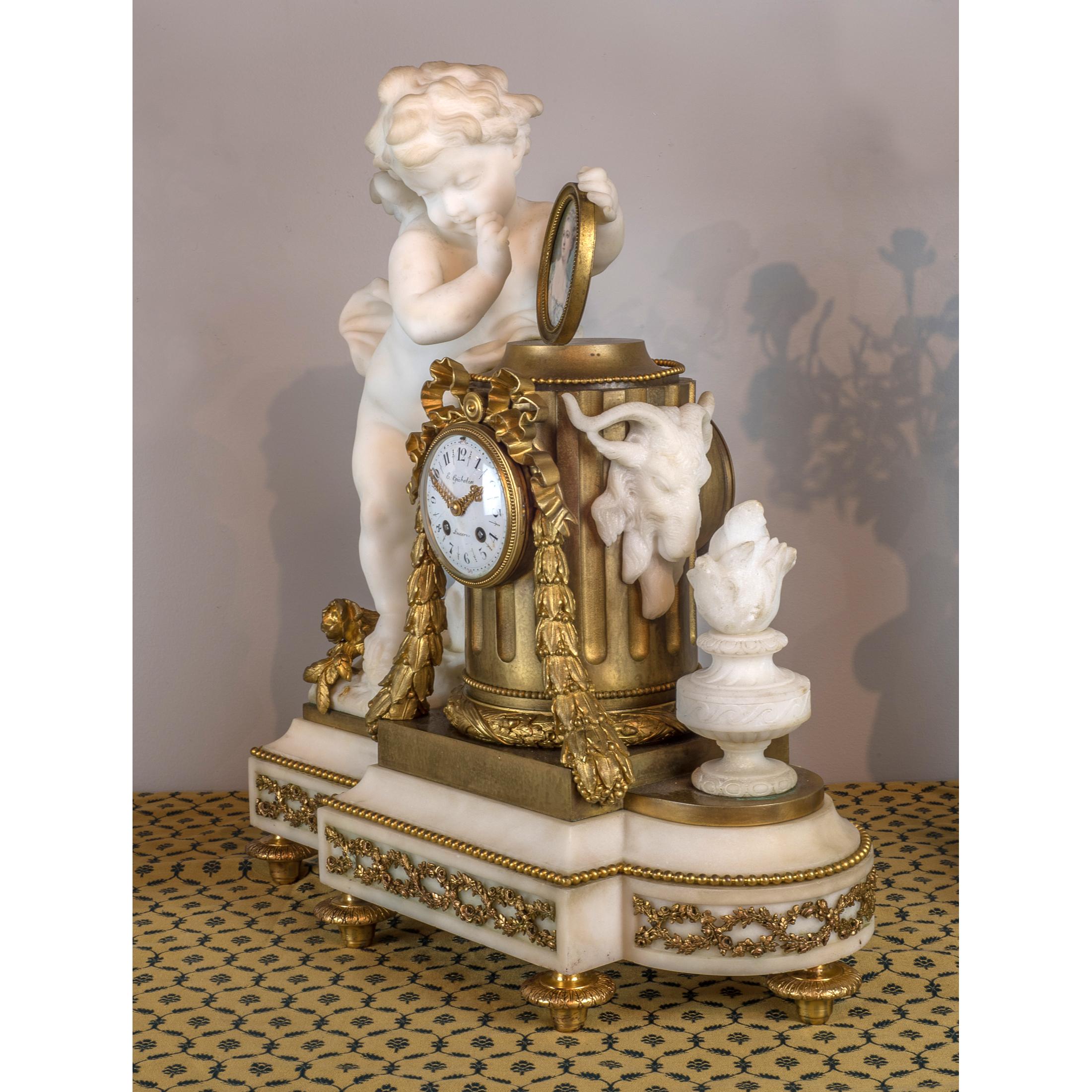 19th Century Fine Quality French Gilt Bronze and Carrara Marble Figural Clock Set For Sale