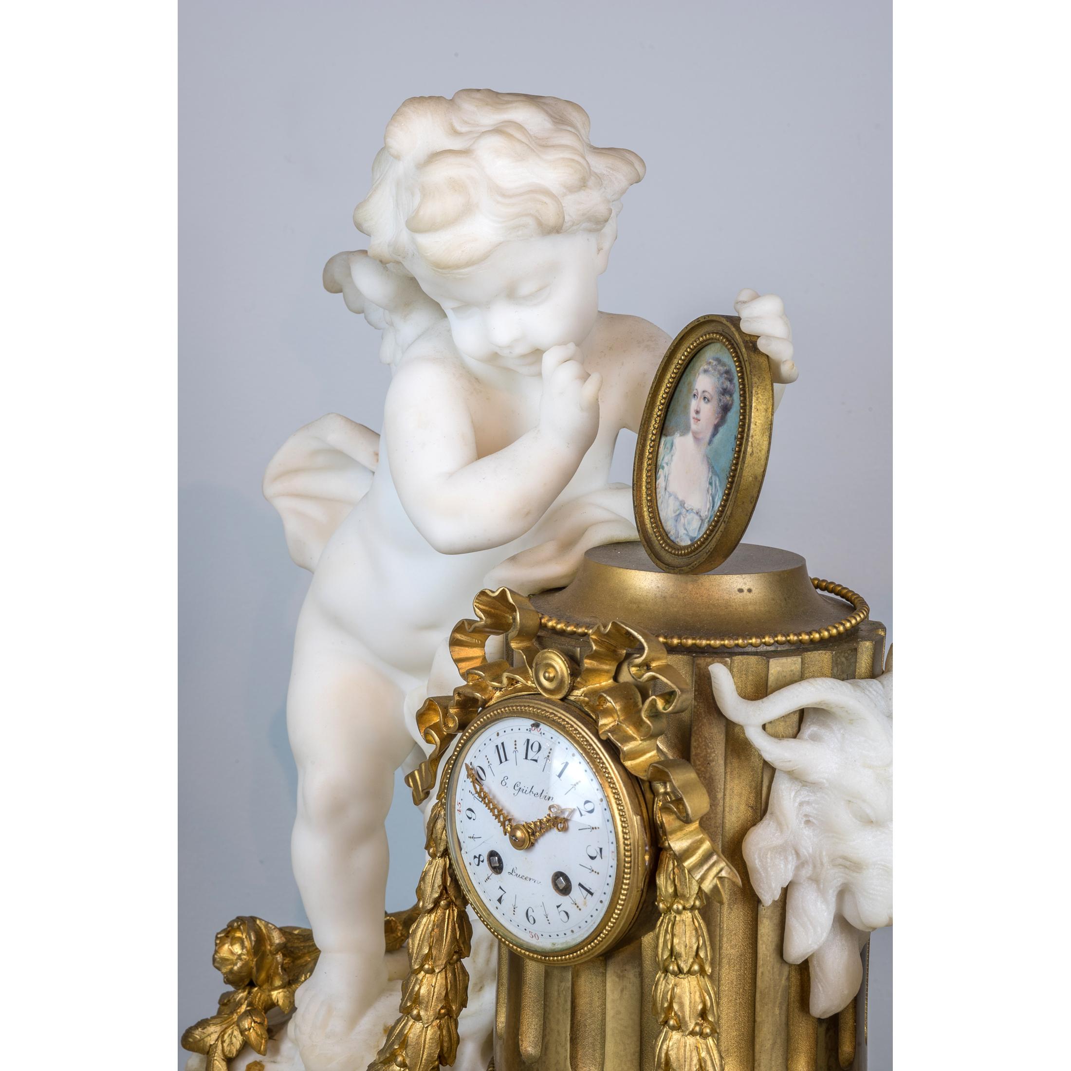 Fine Quality French Gilt Bronze and Carrara Marble Figural Clock Set For Sale 1