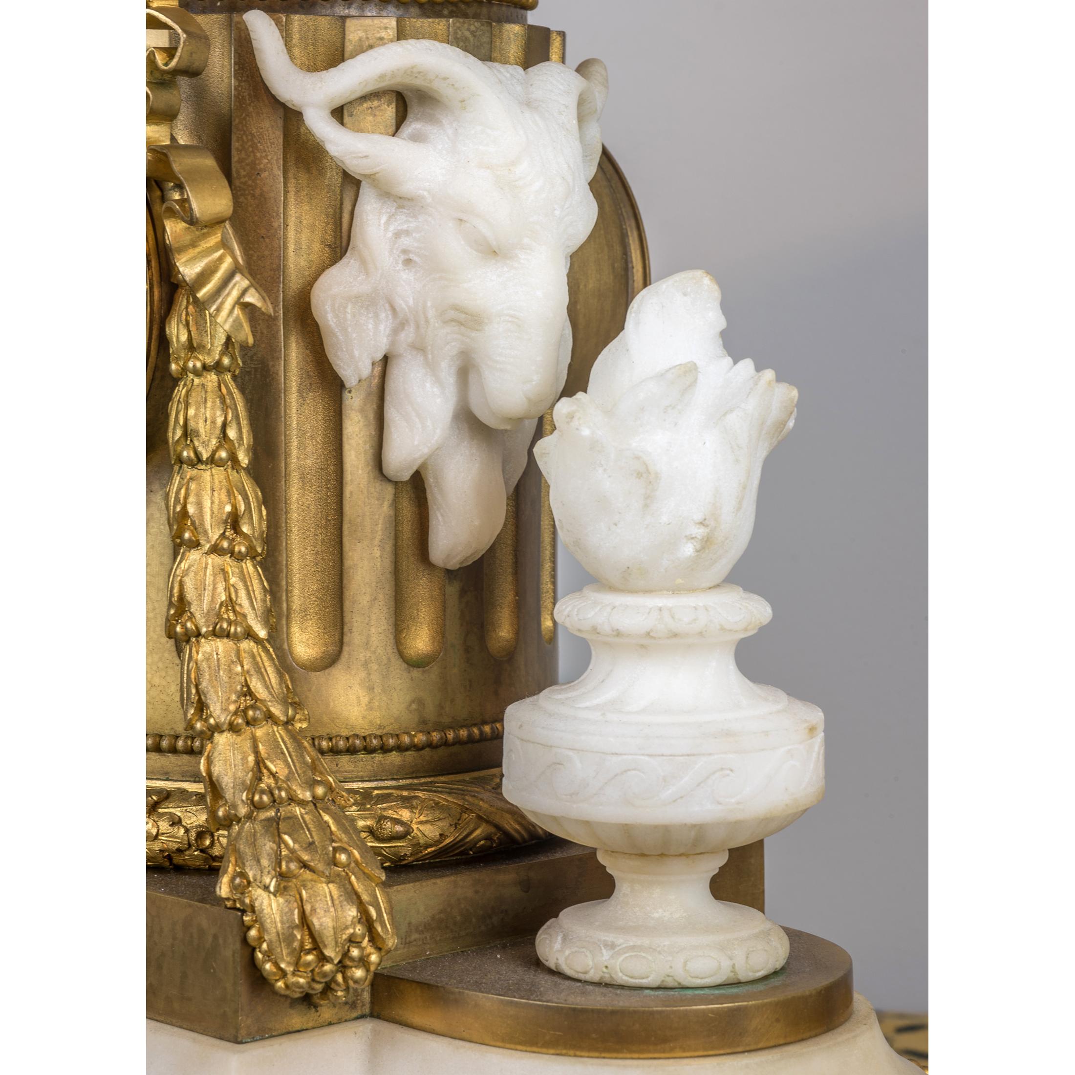 Fine Quality French Gilt Bronze and Carrara Marble Figural Clock Set For Sale 2
