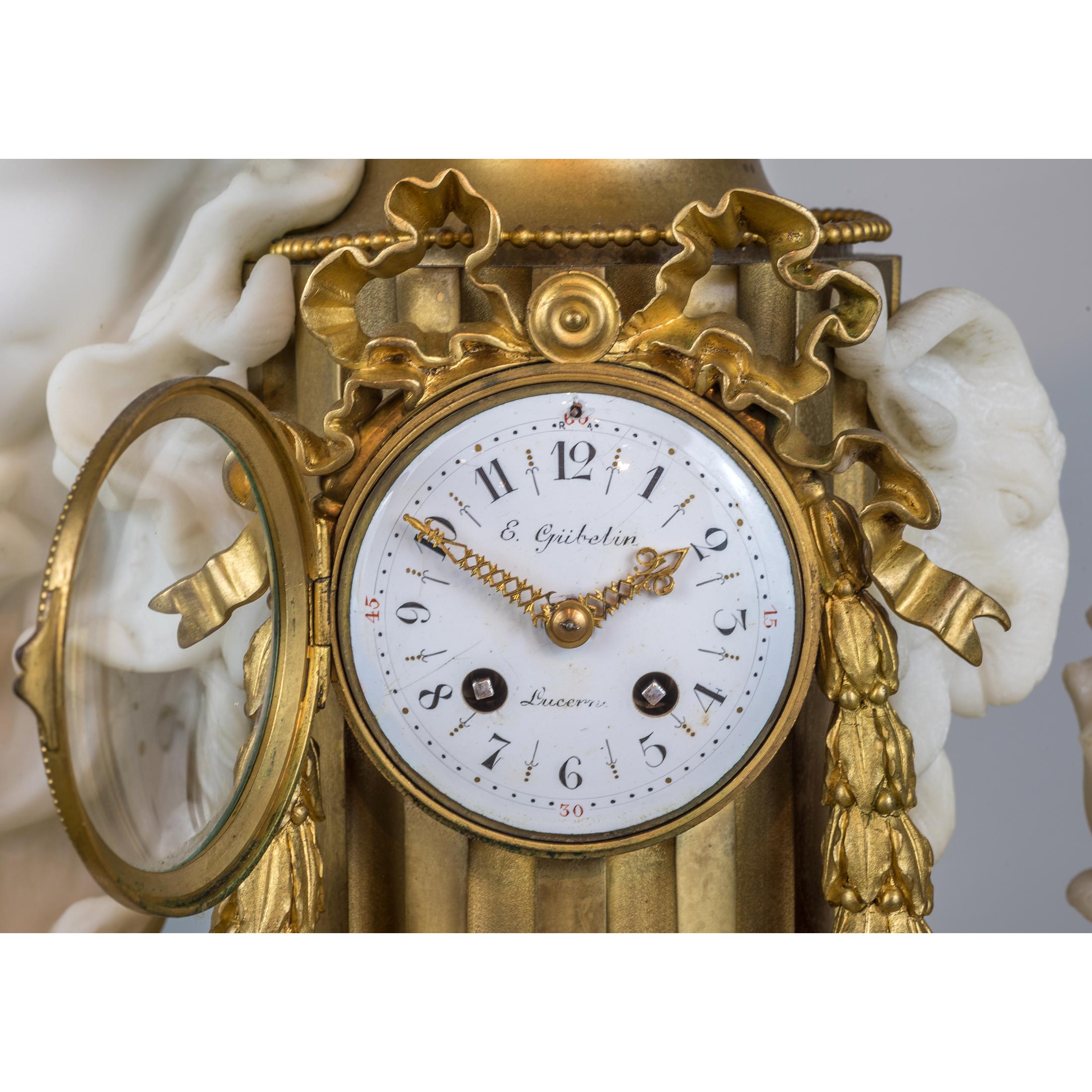 Fine Quality French Gilt Bronze and Carrara Marble Figural Clock Set For Sale 3