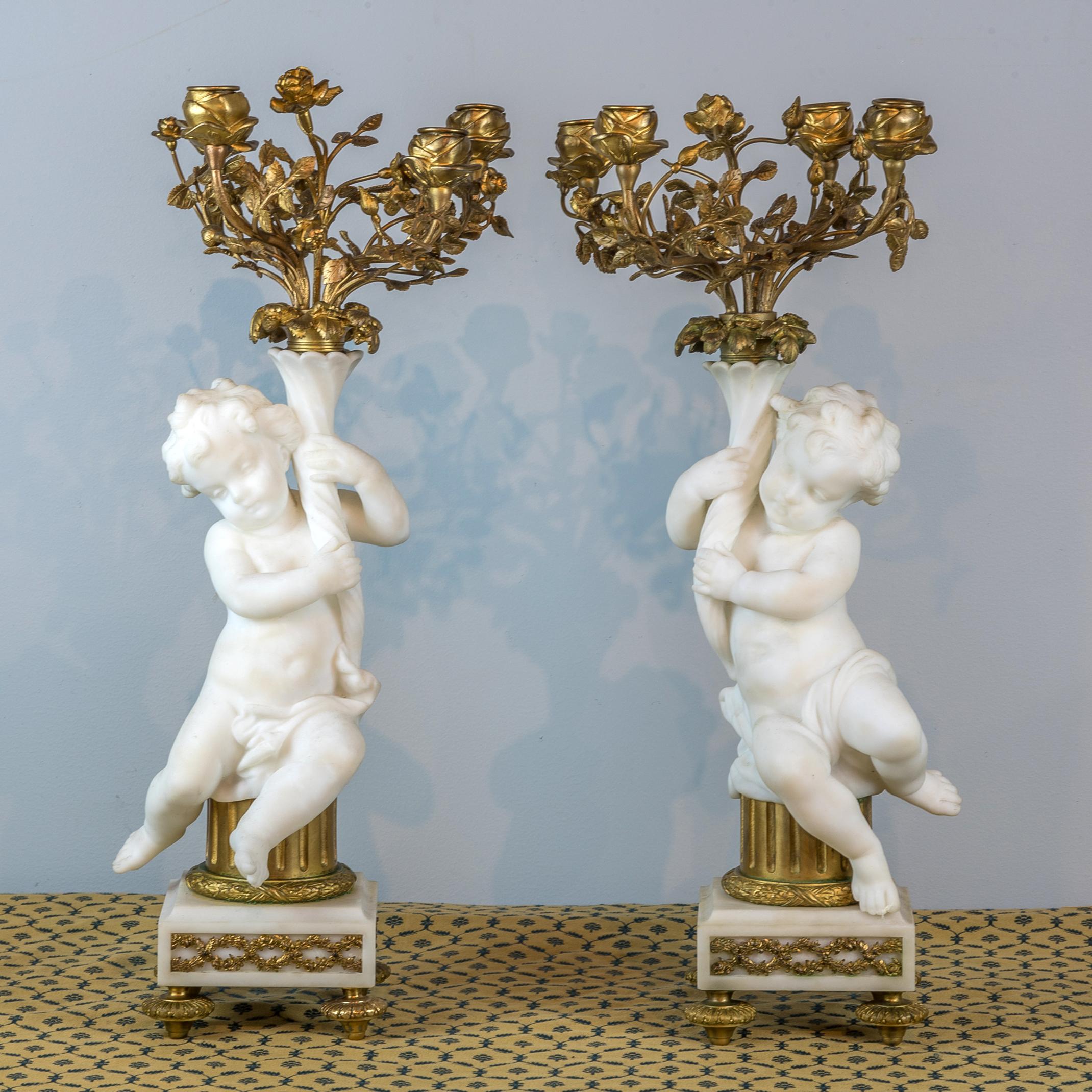 Fine Quality French Gilt Bronze and Carrara Marble Figural Clock Set For Sale 4