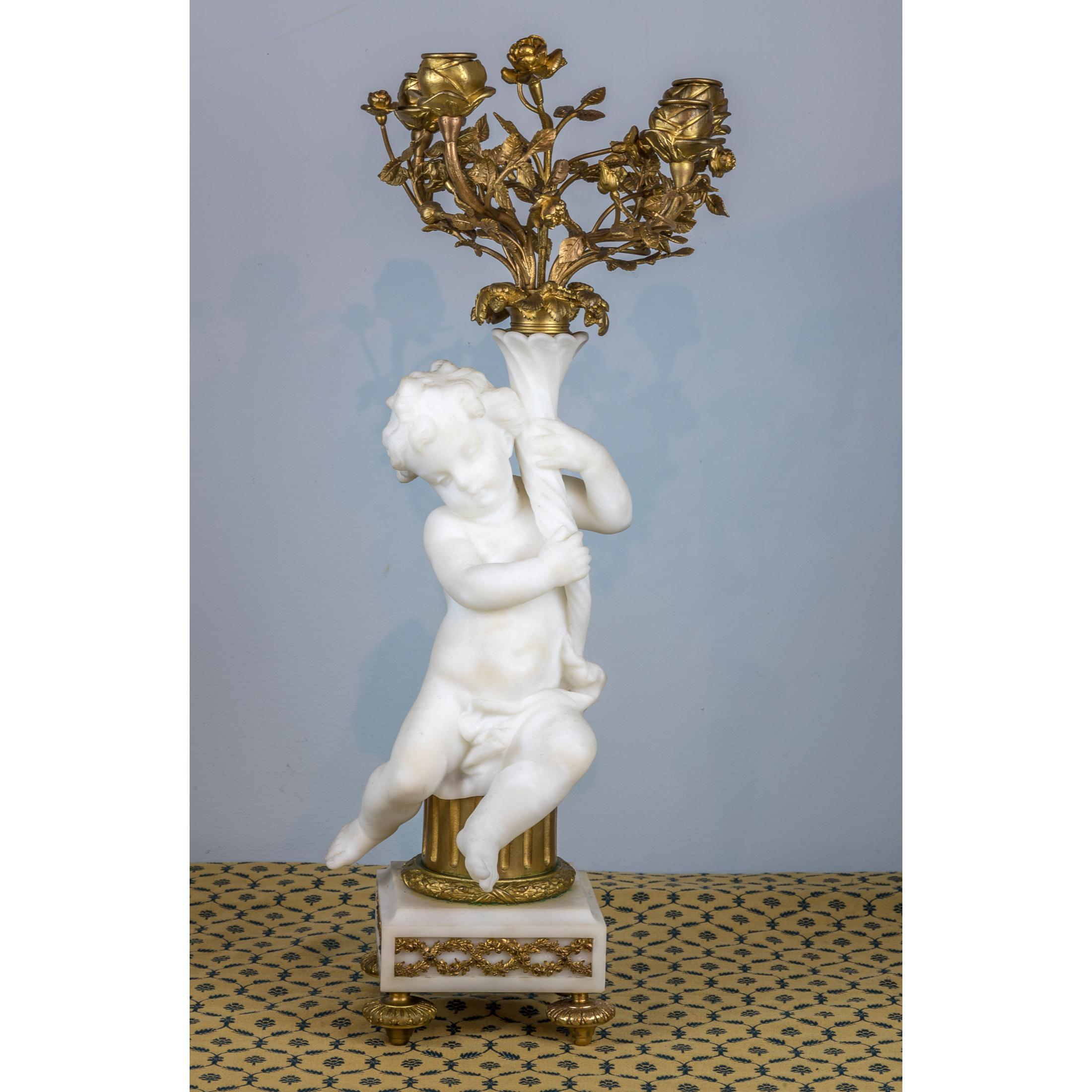 Fine Quality French Gilt Bronze and Carrara Marble Figural Clock Set For Sale 5