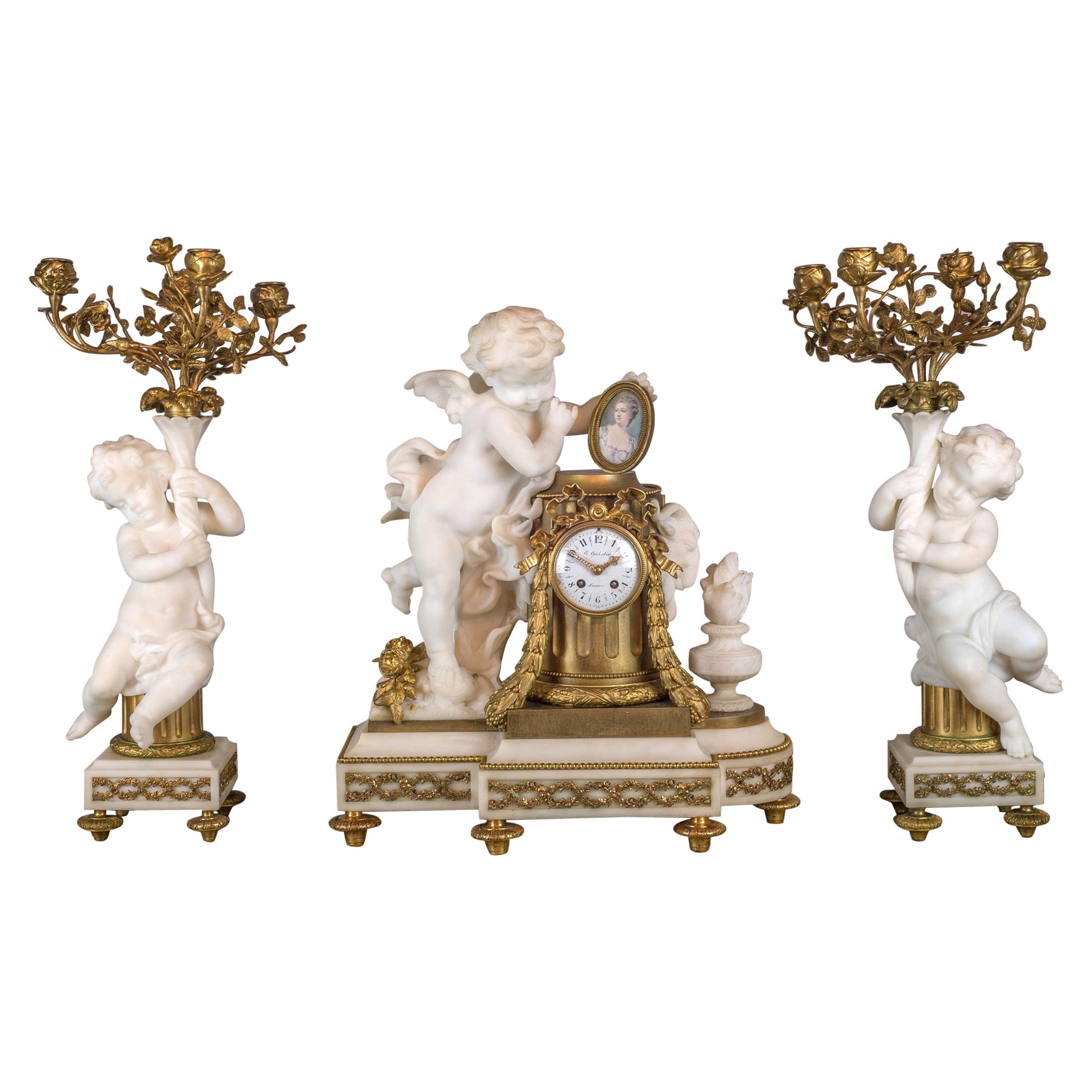 Fine Quality French Gilt Bronze and Carrara Marble Figural Clock Set