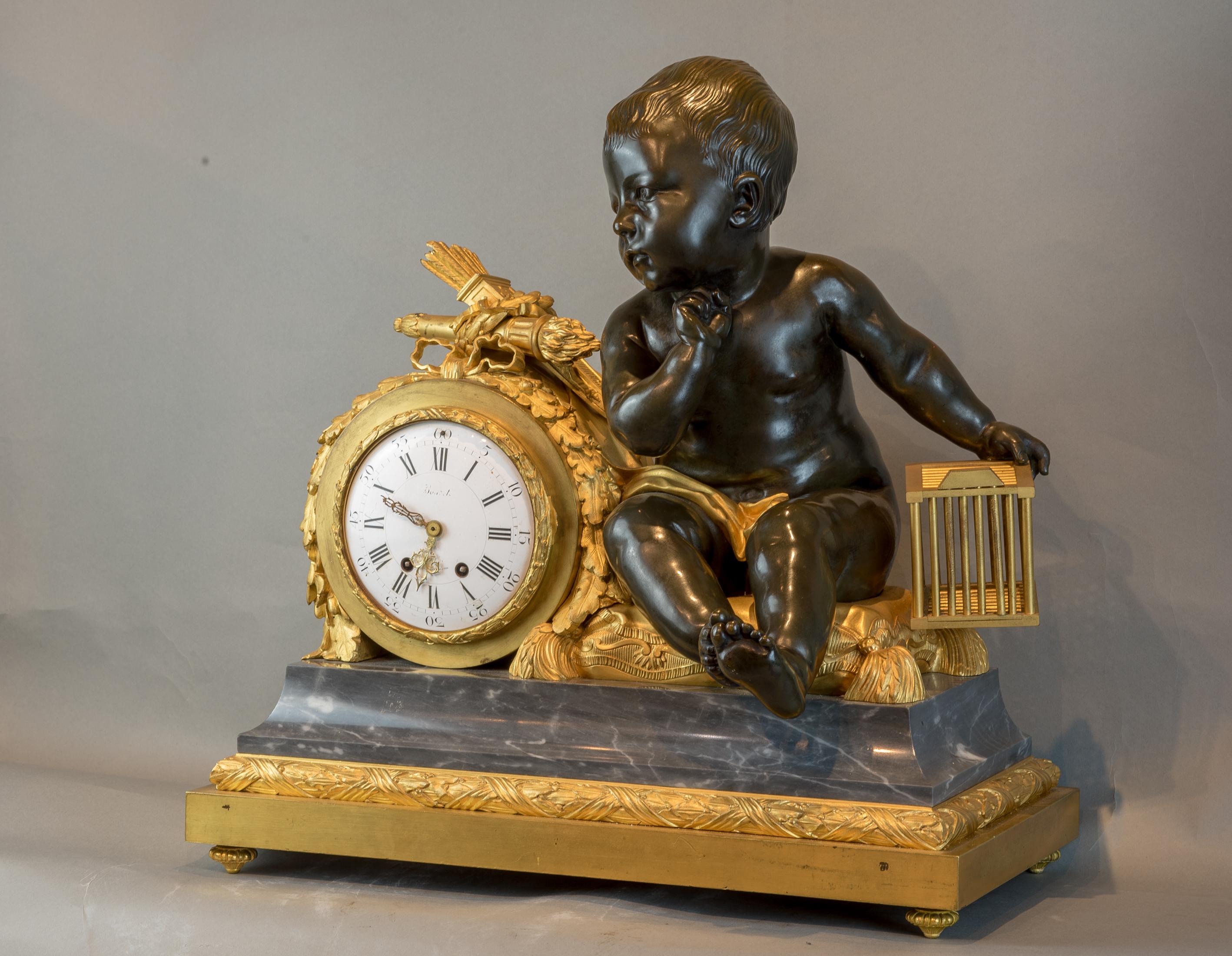 Napoléon III  Horloge figurative en bronze doré et marbre de Beurdeley en vente